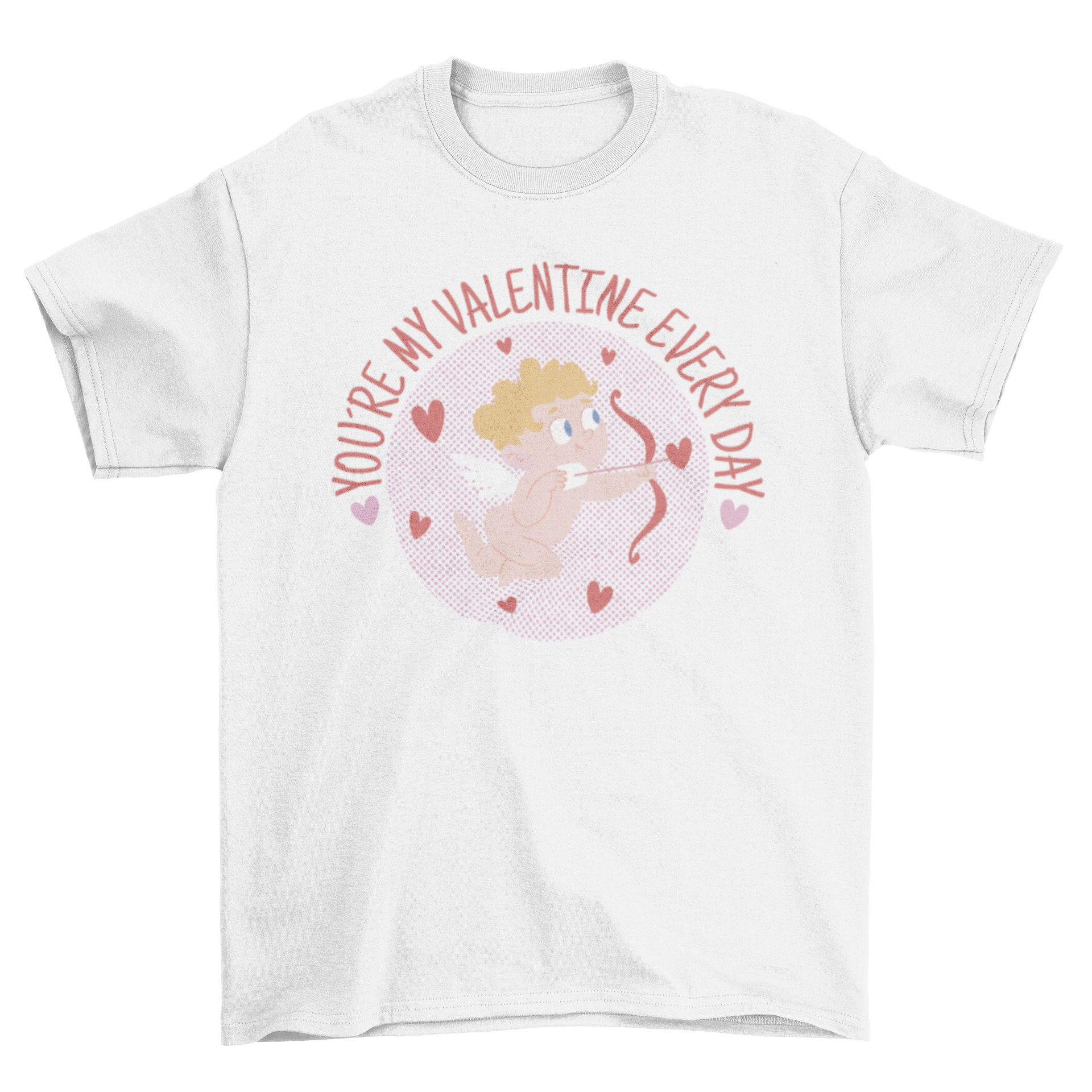 Valentine's Day Cupid t-shirt featuring Cupid surrounded by hearts and a romantic quote.