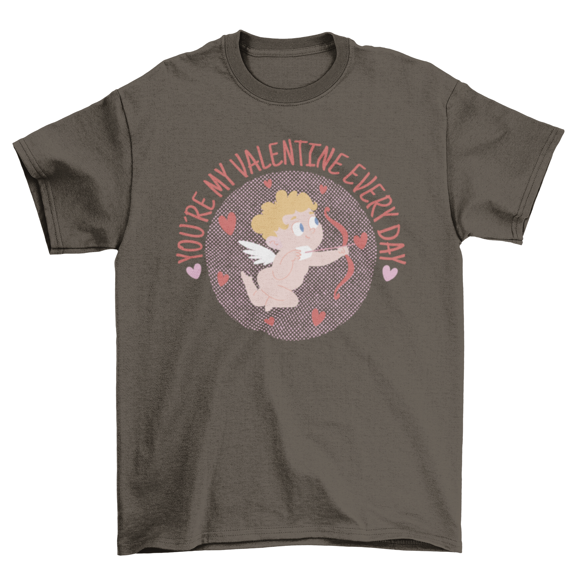 Valentine's Day Cupid t-shirt featuring Cupid surrounded by hearts and a romantic quote.