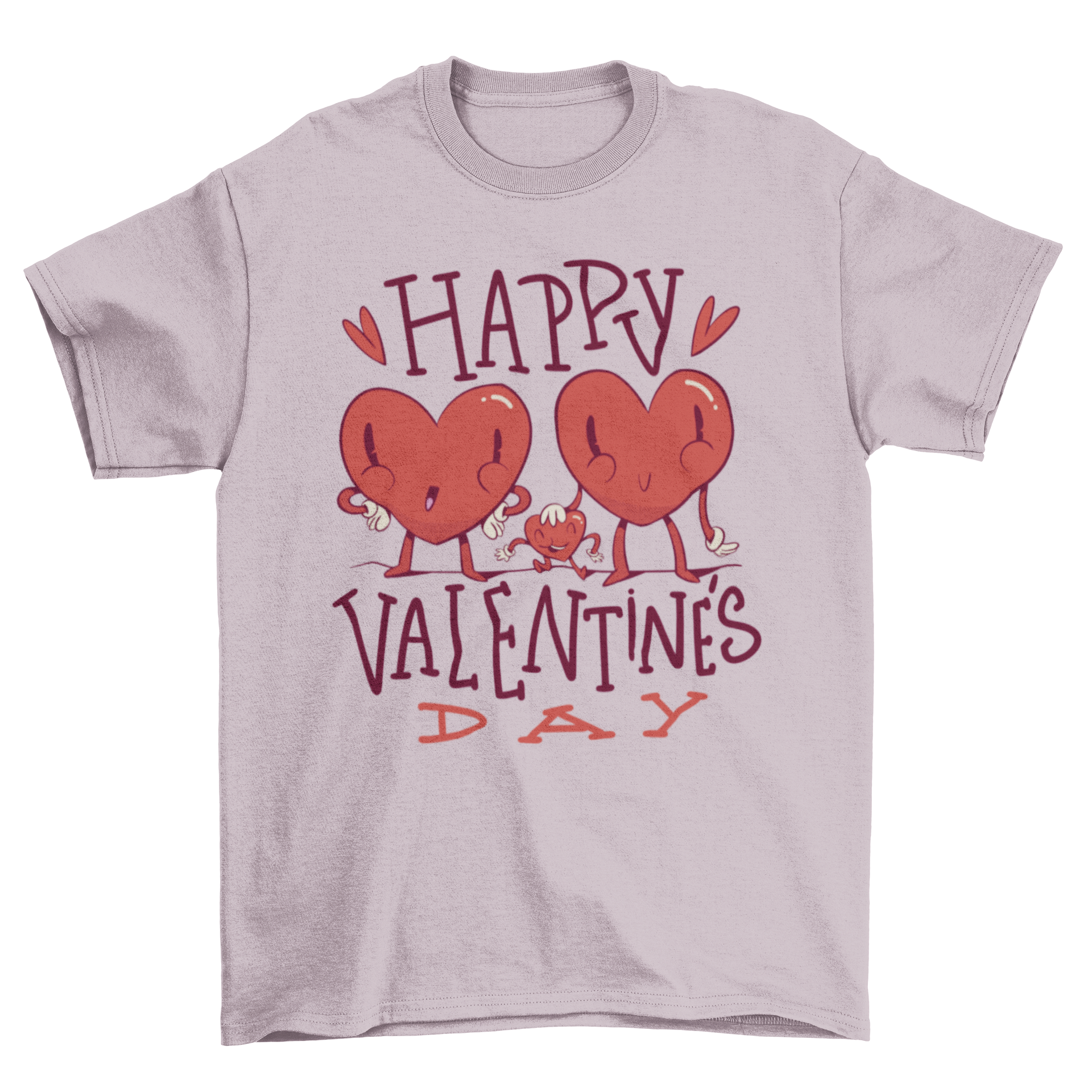 Valentine's heart t-shirt featuring three hearts with faces representing parents and a child, showcasing love and family.