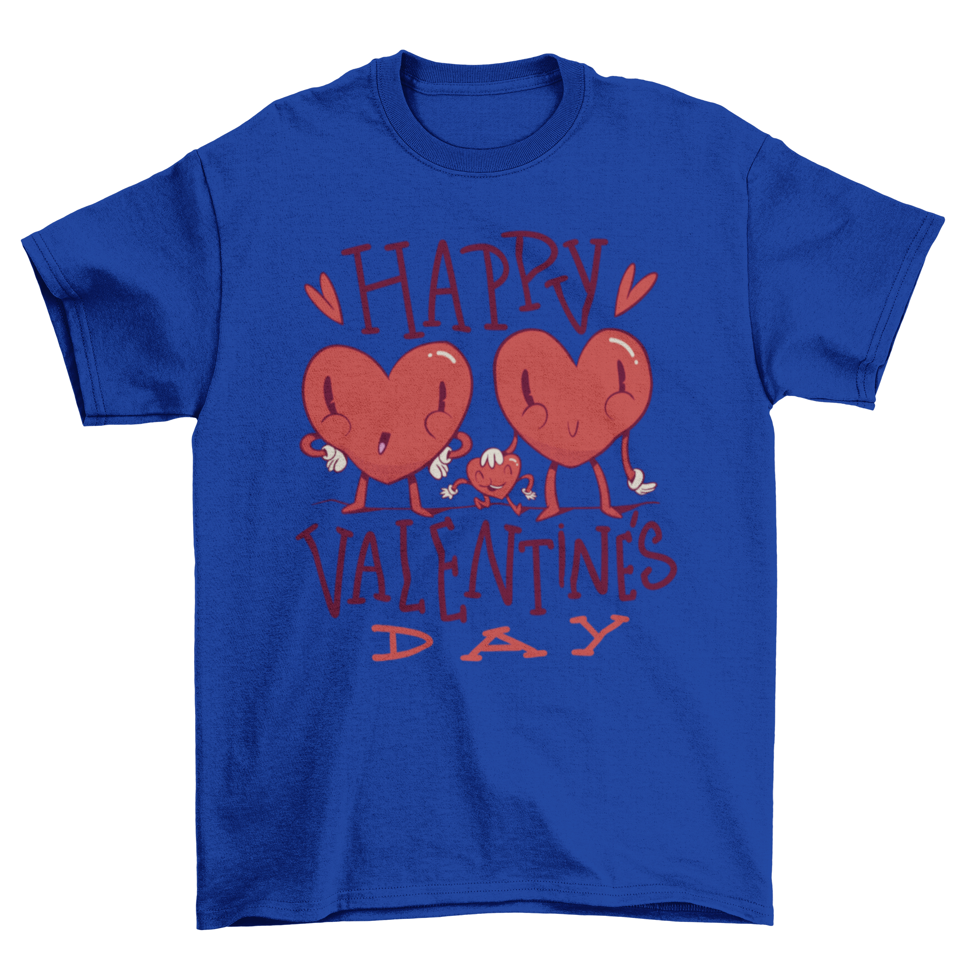 Valentine's heart t-shirt featuring three hearts with faces representing parents and a child, showcasing love and family.