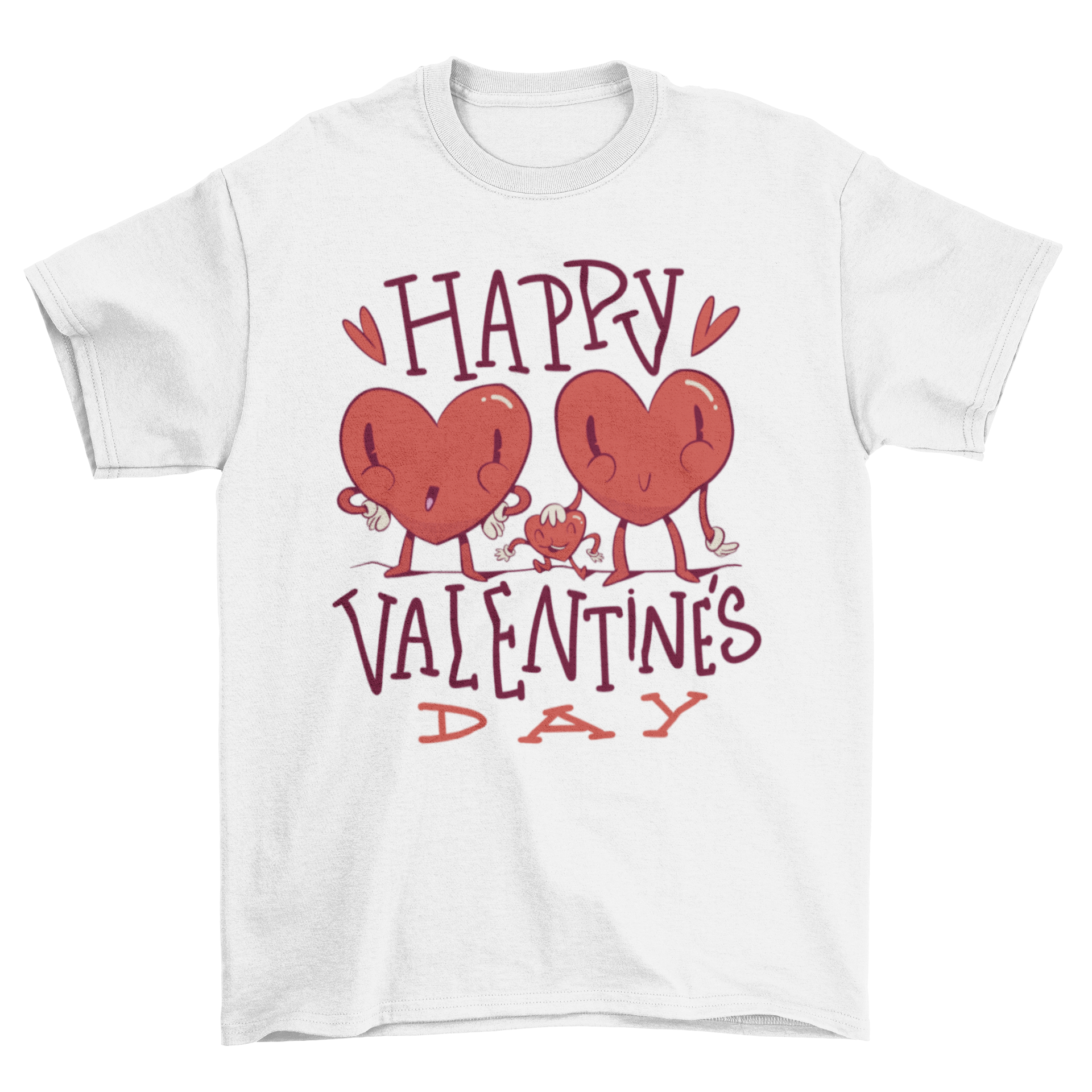 Valentine's heart t-shirt featuring three hearts with faces representing parents and a child, showcasing love and family.