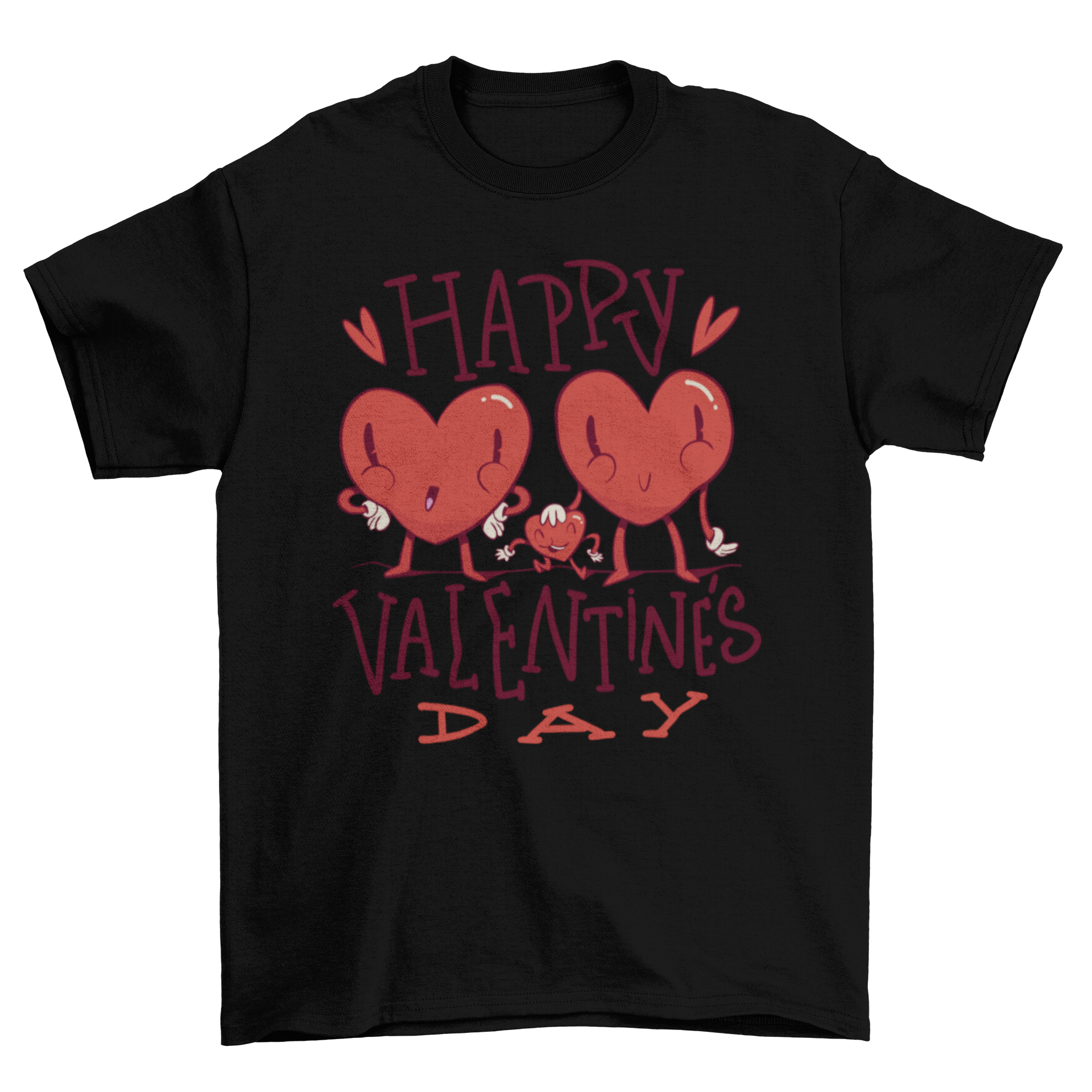 Valentine's heart t-shirt featuring three hearts with faces representing parents and a child, showcasing love and family.