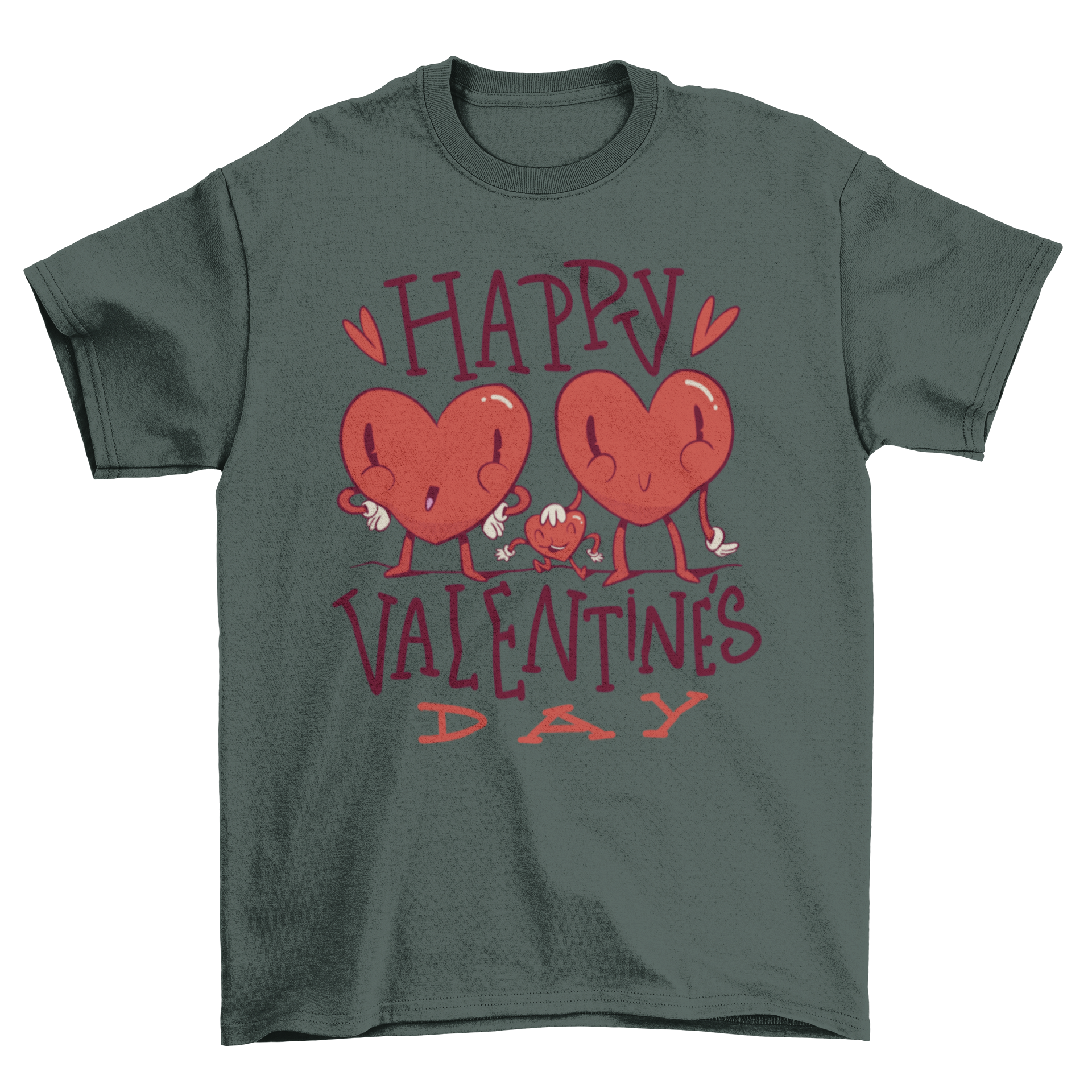 Valentine's heart t-shirt featuring three hearts with faces representing parents and a child, showcasing love and family.