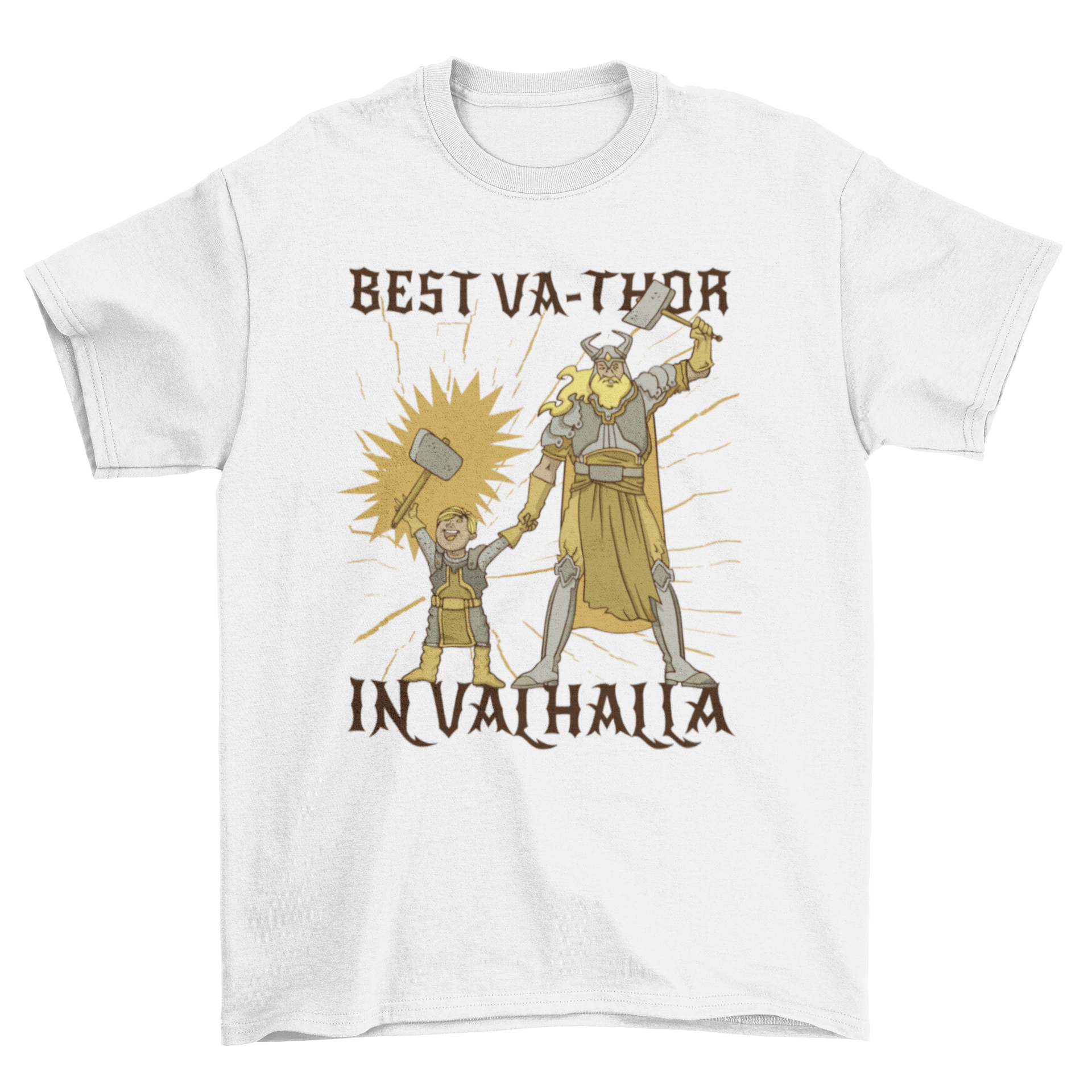 Viking-themed dad t-shirt featuring a dad and son illustration with the quote 'Best va-thor in Valhalla'.