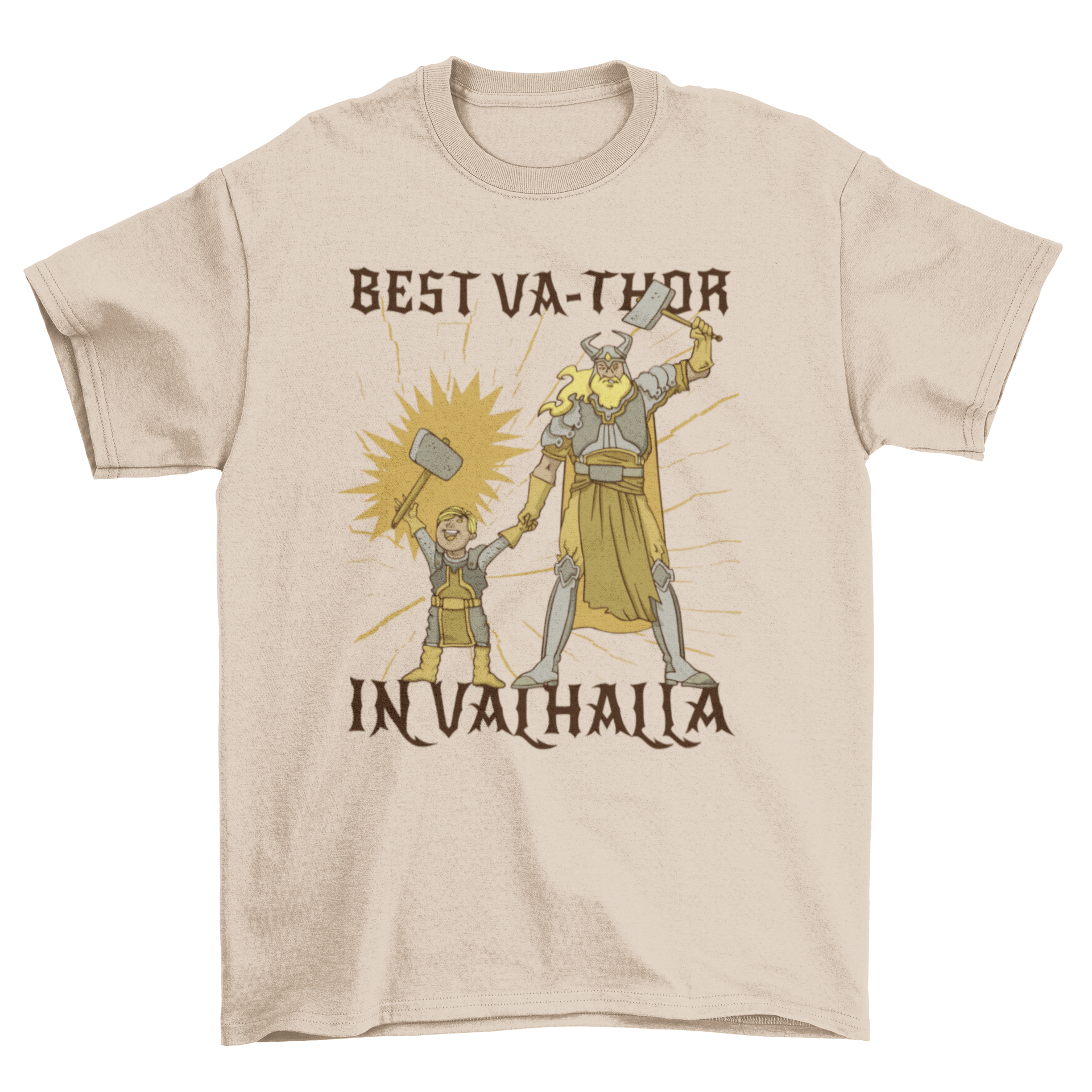 Viking-themed dad t-shirt featuring a dad and son illustration with the quote 'Best va-thor in Valhalla'.