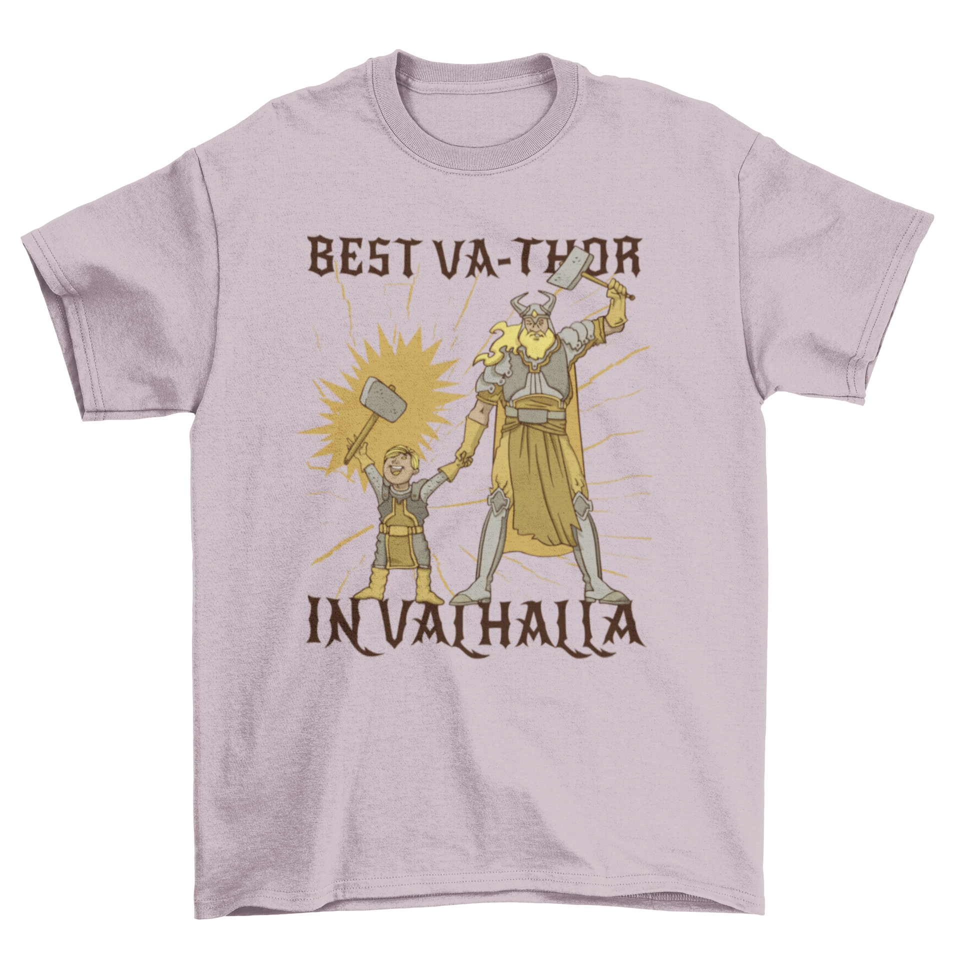 Viking-themed dad t-shirt featuring a dad and son illustration with the quote 'Best va-thor in Valhalla'.