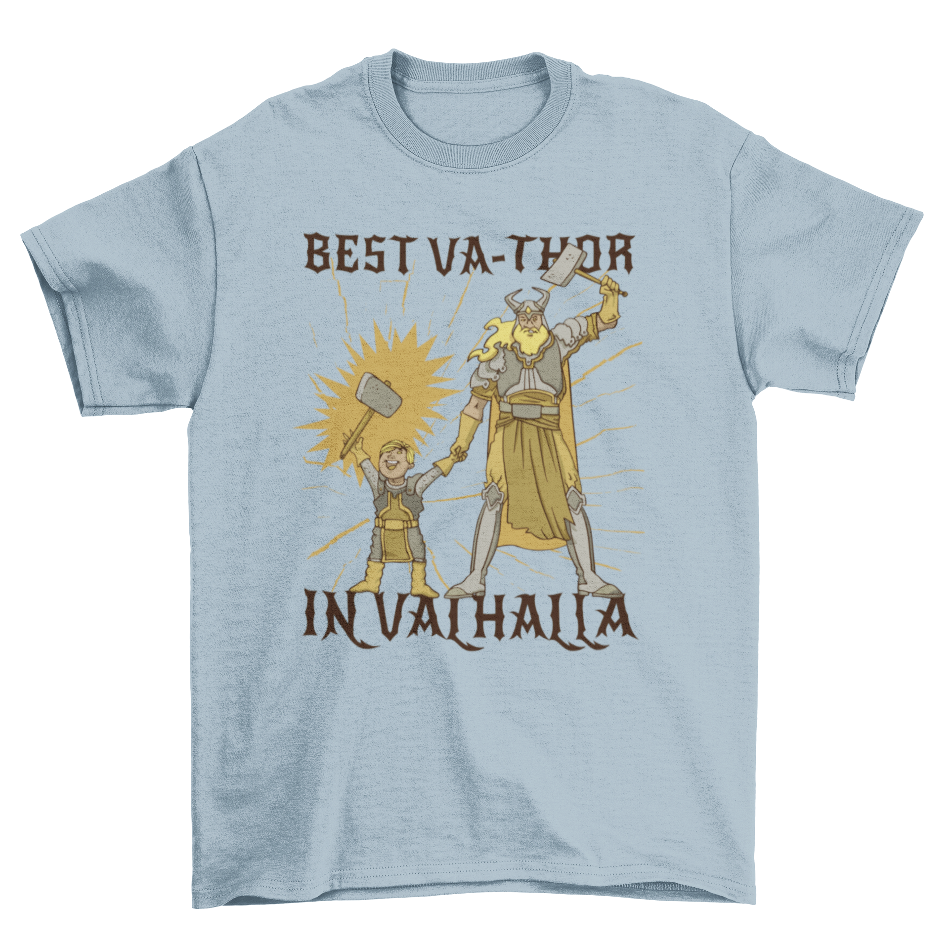 Viking-themed dad t-shirt featuring a dad and son illustration with the quote 'Best va-thor in Valhalla'.