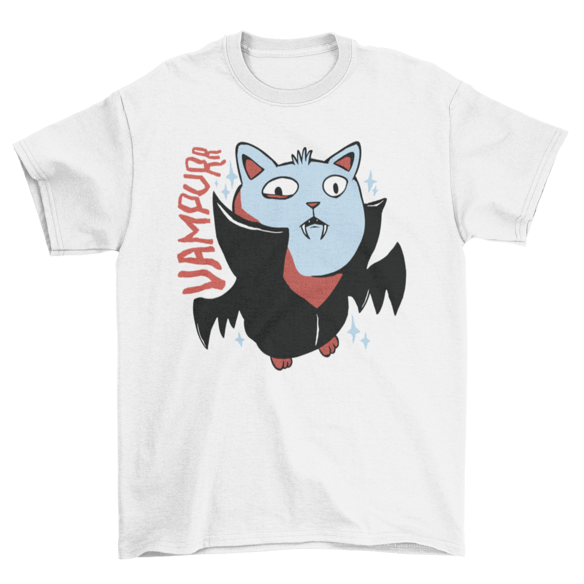 A cute Halloween t-shirt featuring a cat dressed as a vampire with the quote 'Vampurrr'.