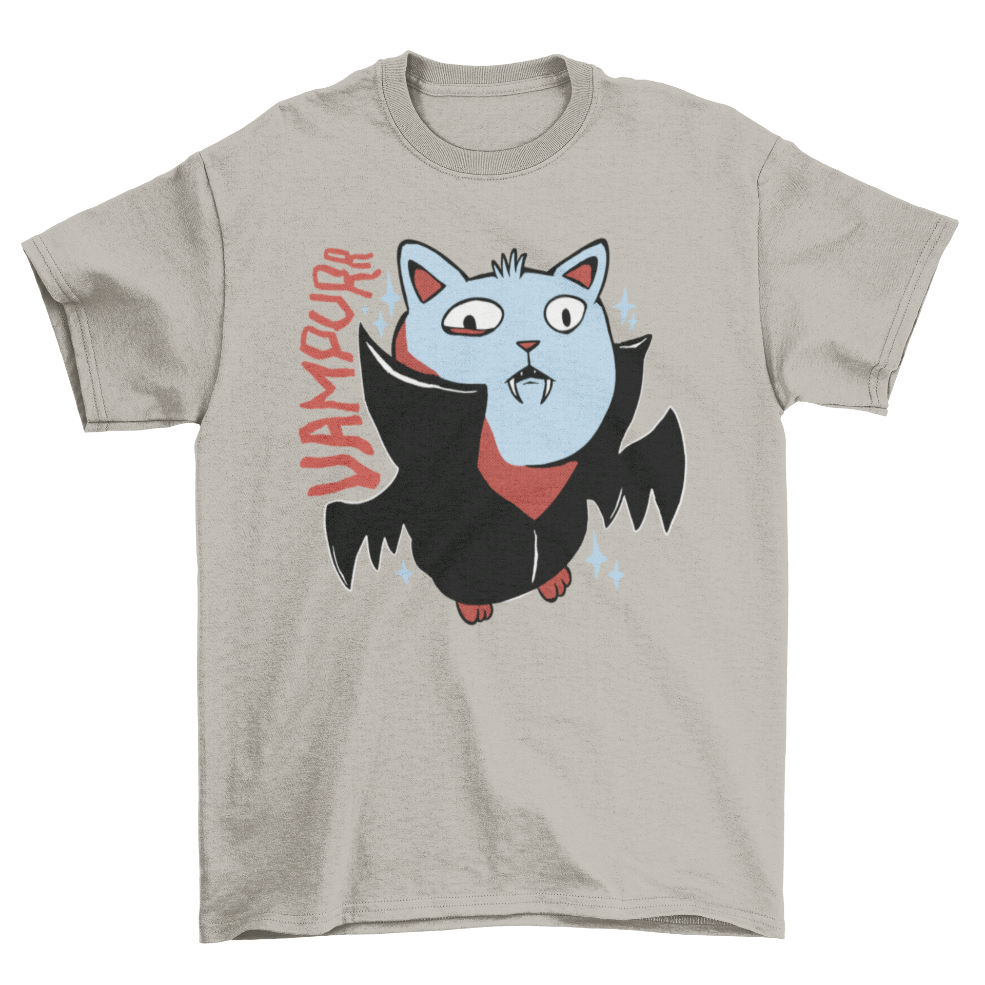 A cute Halloween t-shirt featuring a cat dressed as a vampire with the quote 'Vampurrr'.