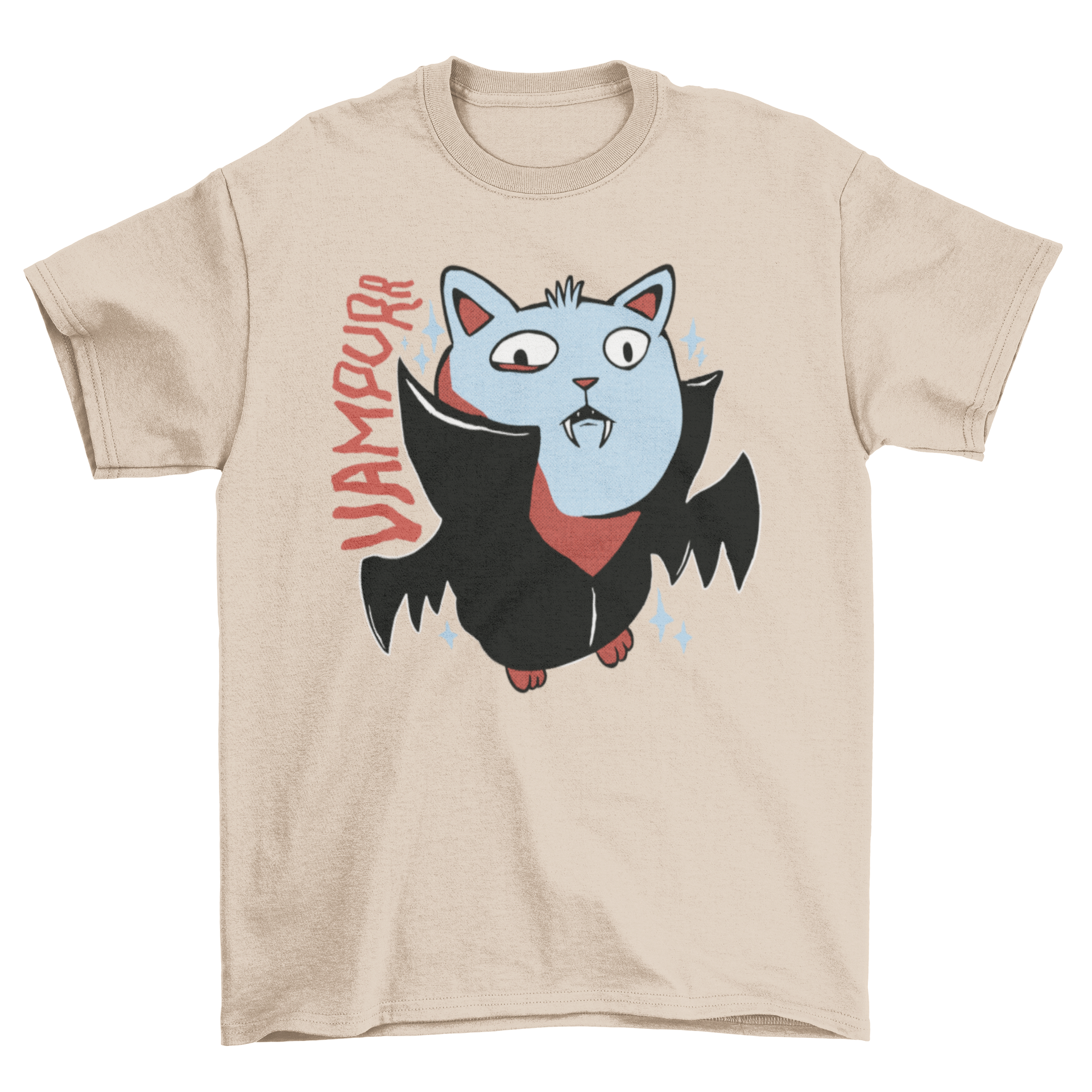 A cute Halloween t-shirt featuring a cat dressed as a vampire with the quote 'Vampurrr'.