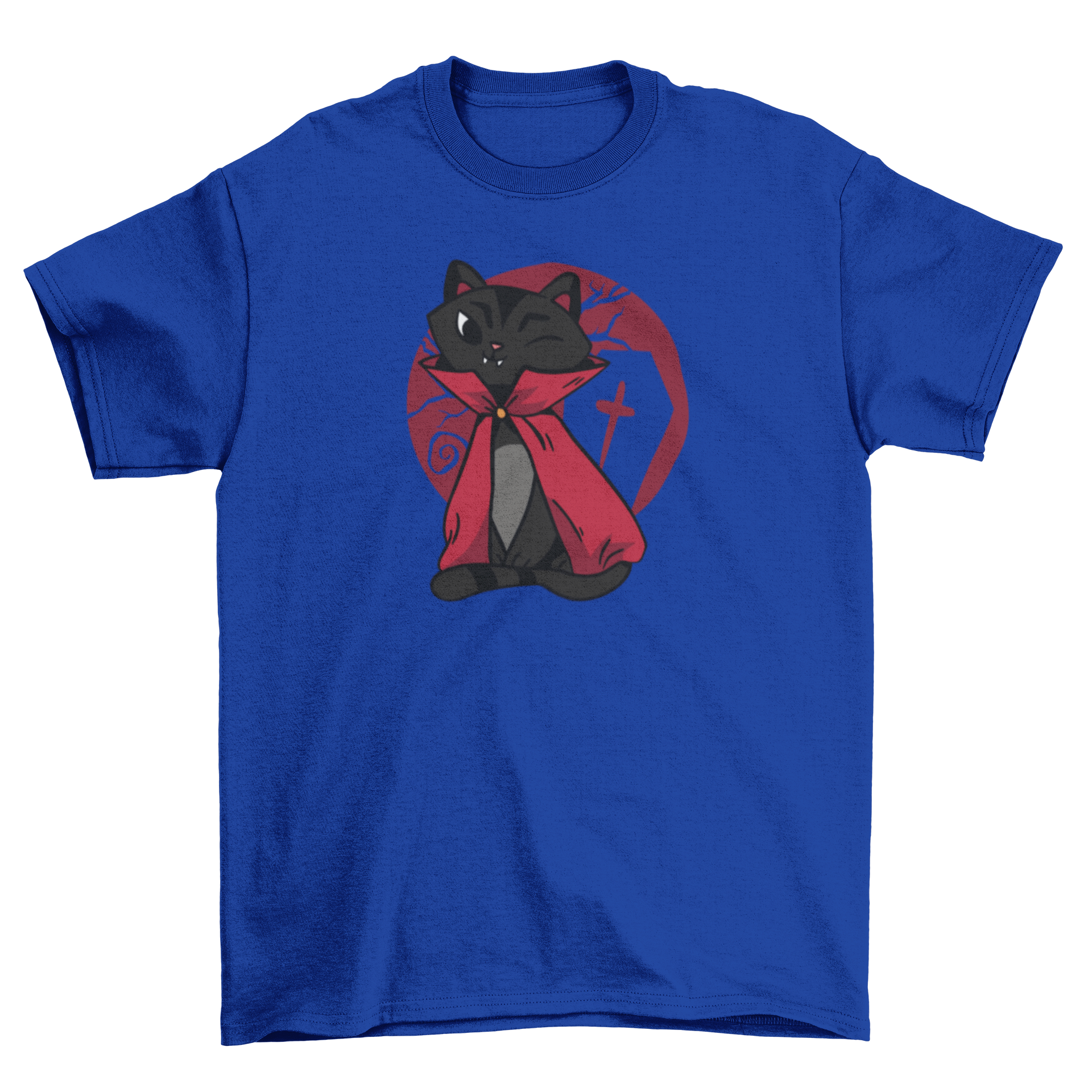 A cute black cat dressed as a vampire wearing a red cape, perfect for Halloween-themed apparel.