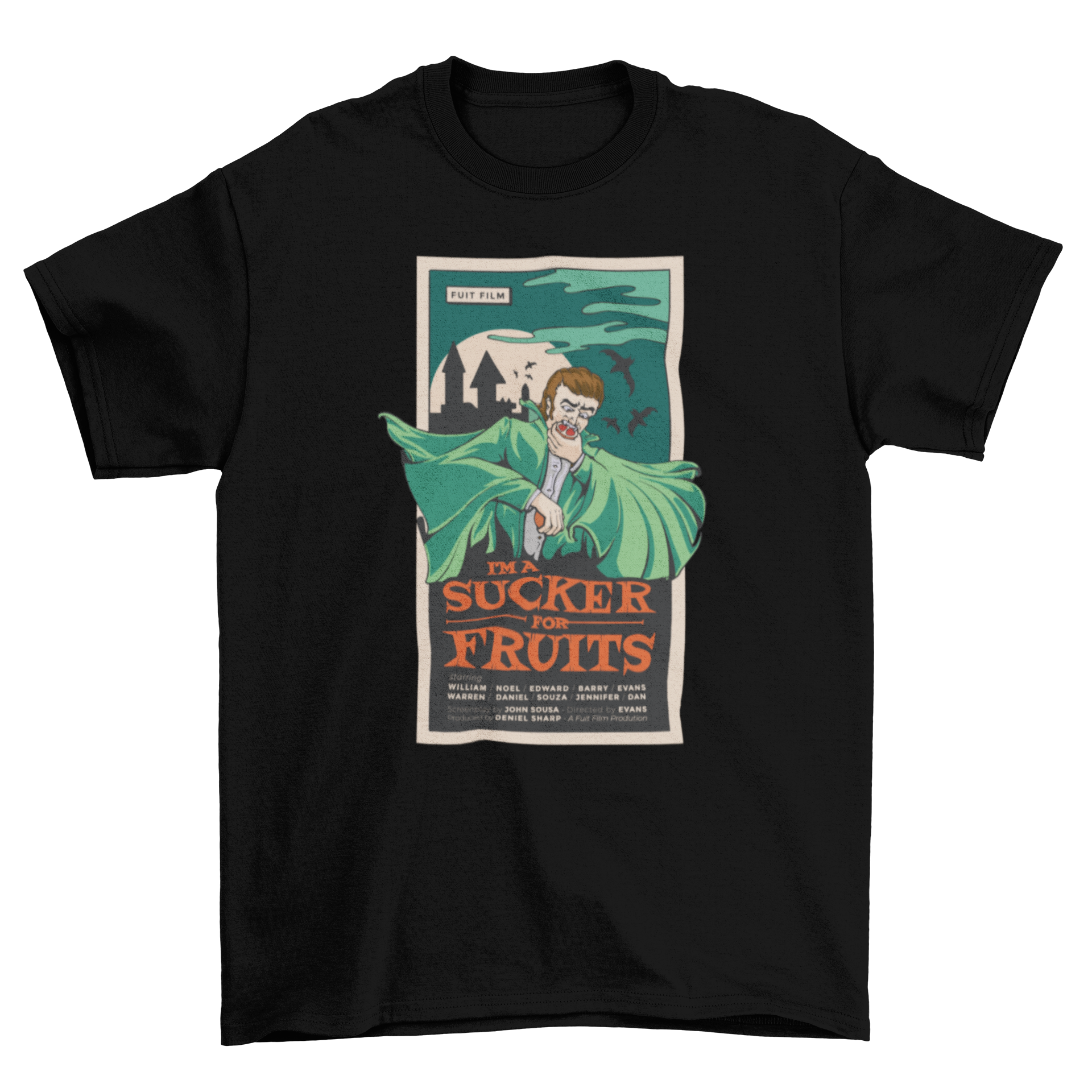 A playful t-shirt design featuring a vampire eating a grapefruit with the quote 'I'm a sucker for fruits'.