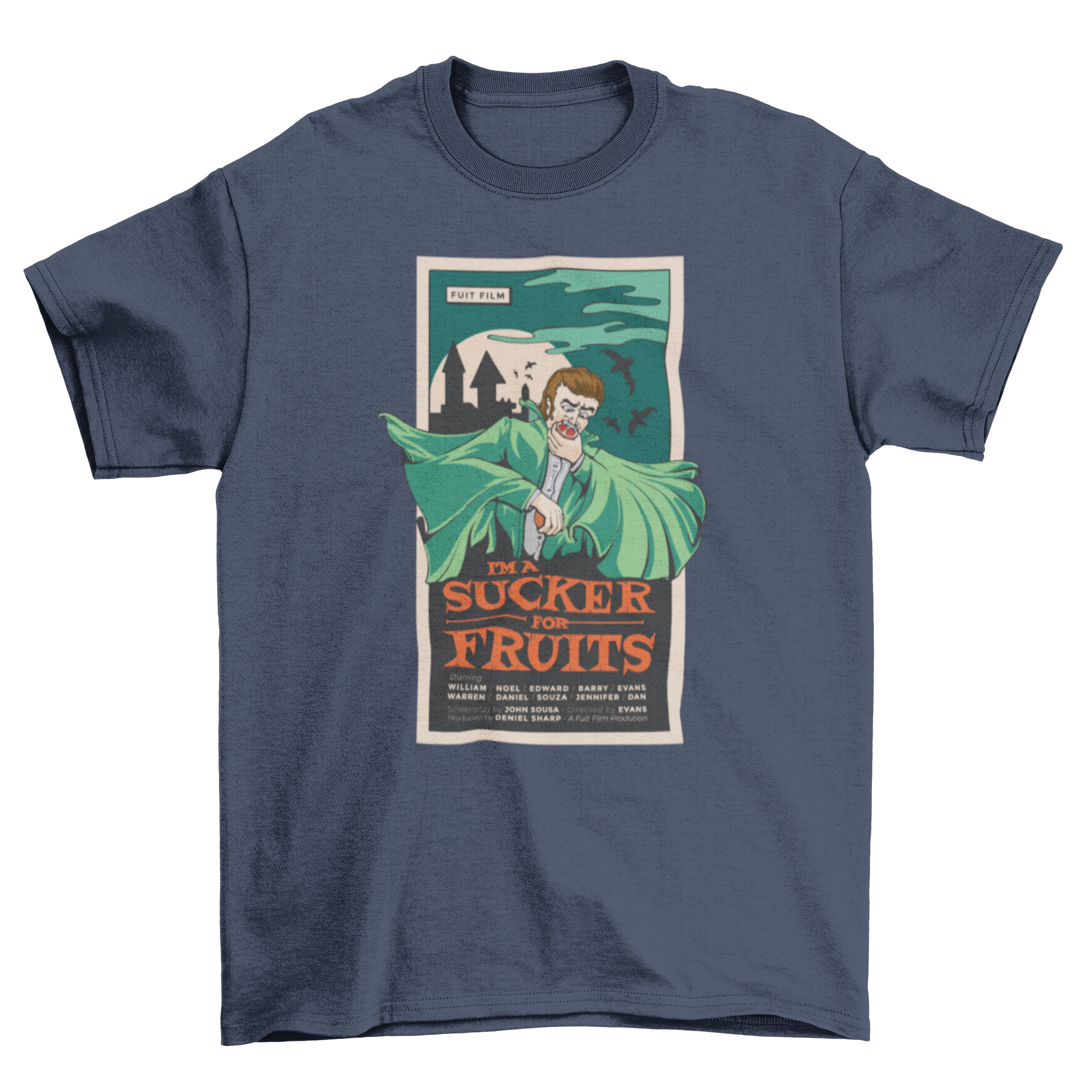 A playful t-shirt design featuring a vampire eating a grapefruit with the quote 'I'm a sucker for fruits'.