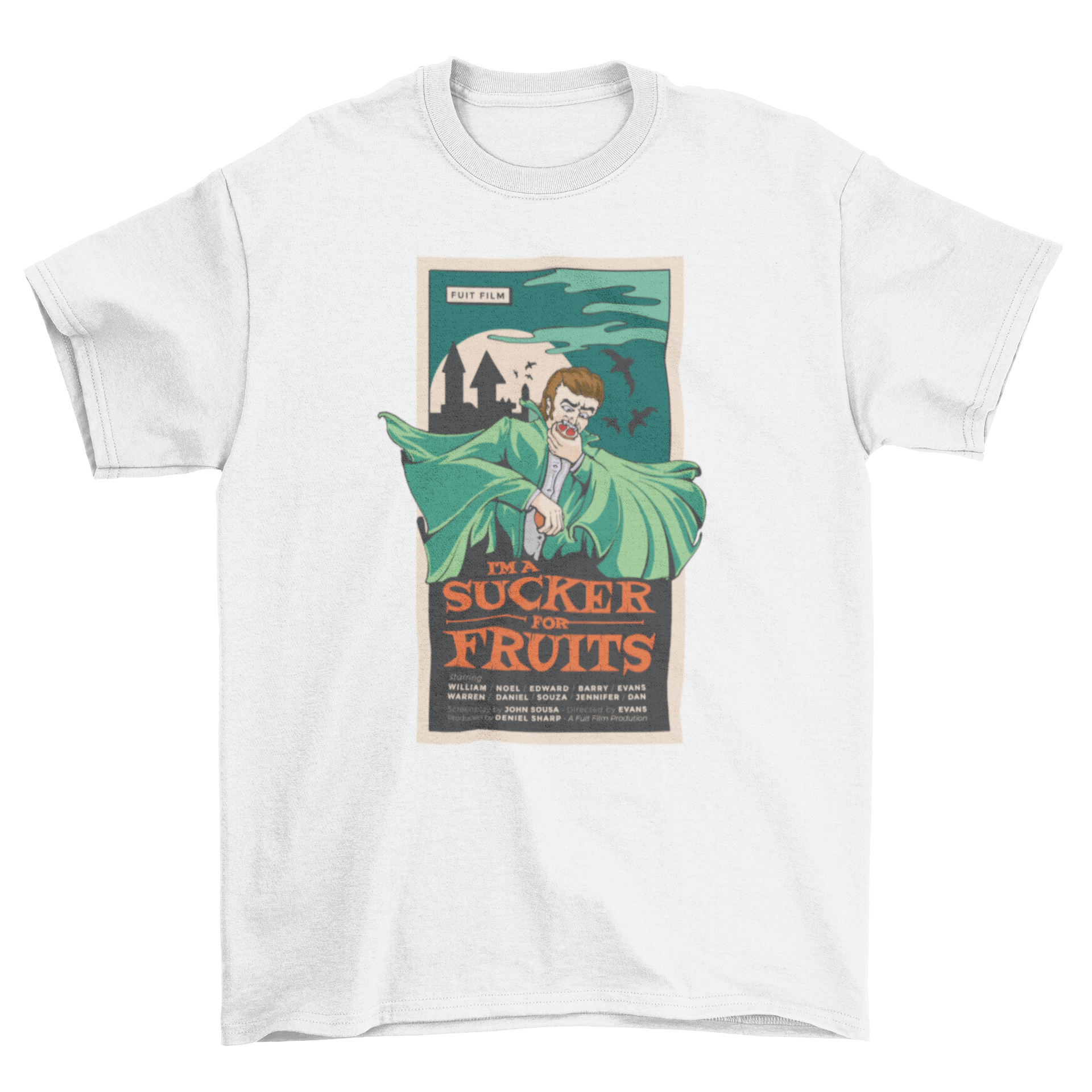 A playful t-shirt design featuring a vampire eating a grapefruit with the quote 'I'm a sucker for fruits'.