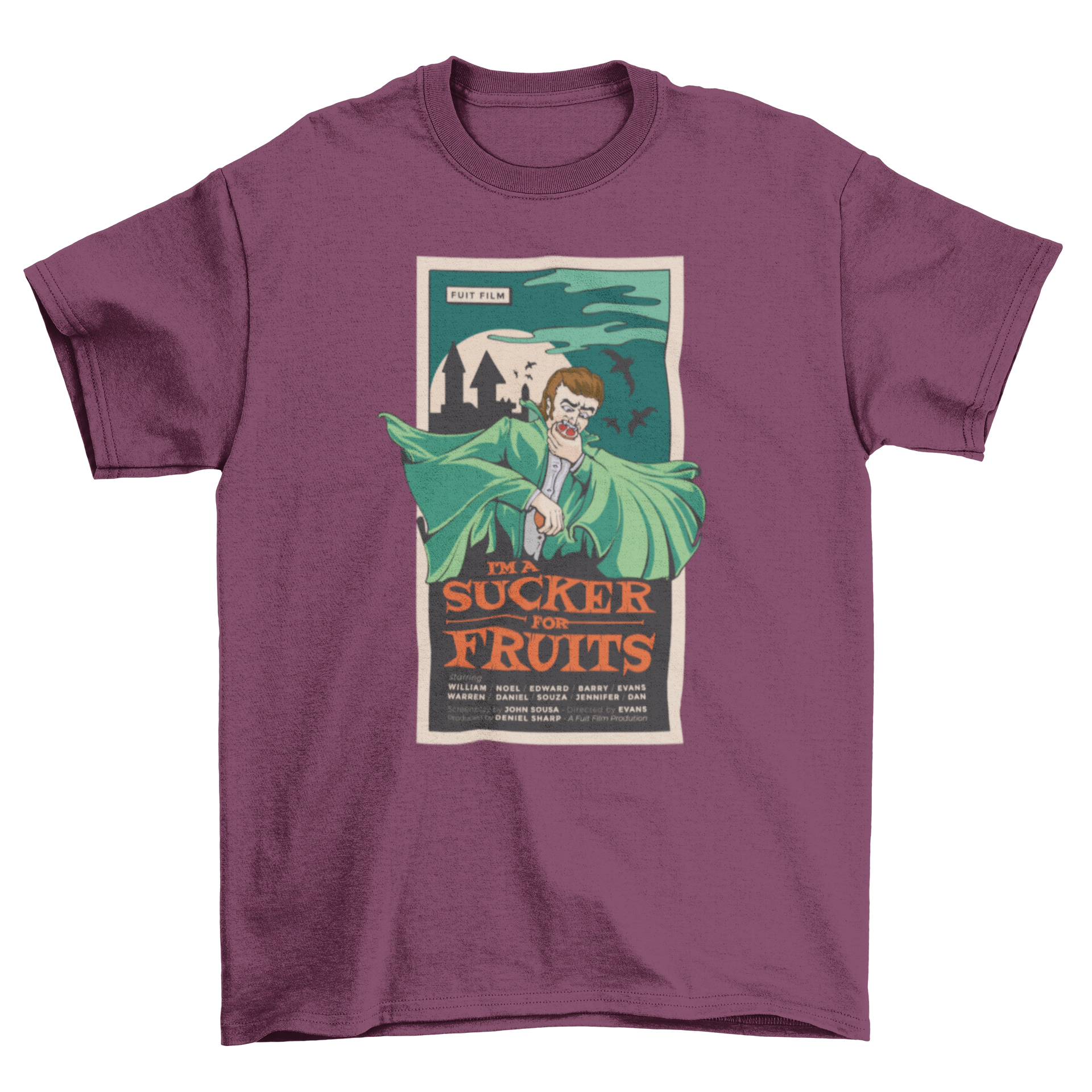 A playful t-shirt design featuring a vampire eating a grapefruit with the quote 'I'm a sucker for fruits'.