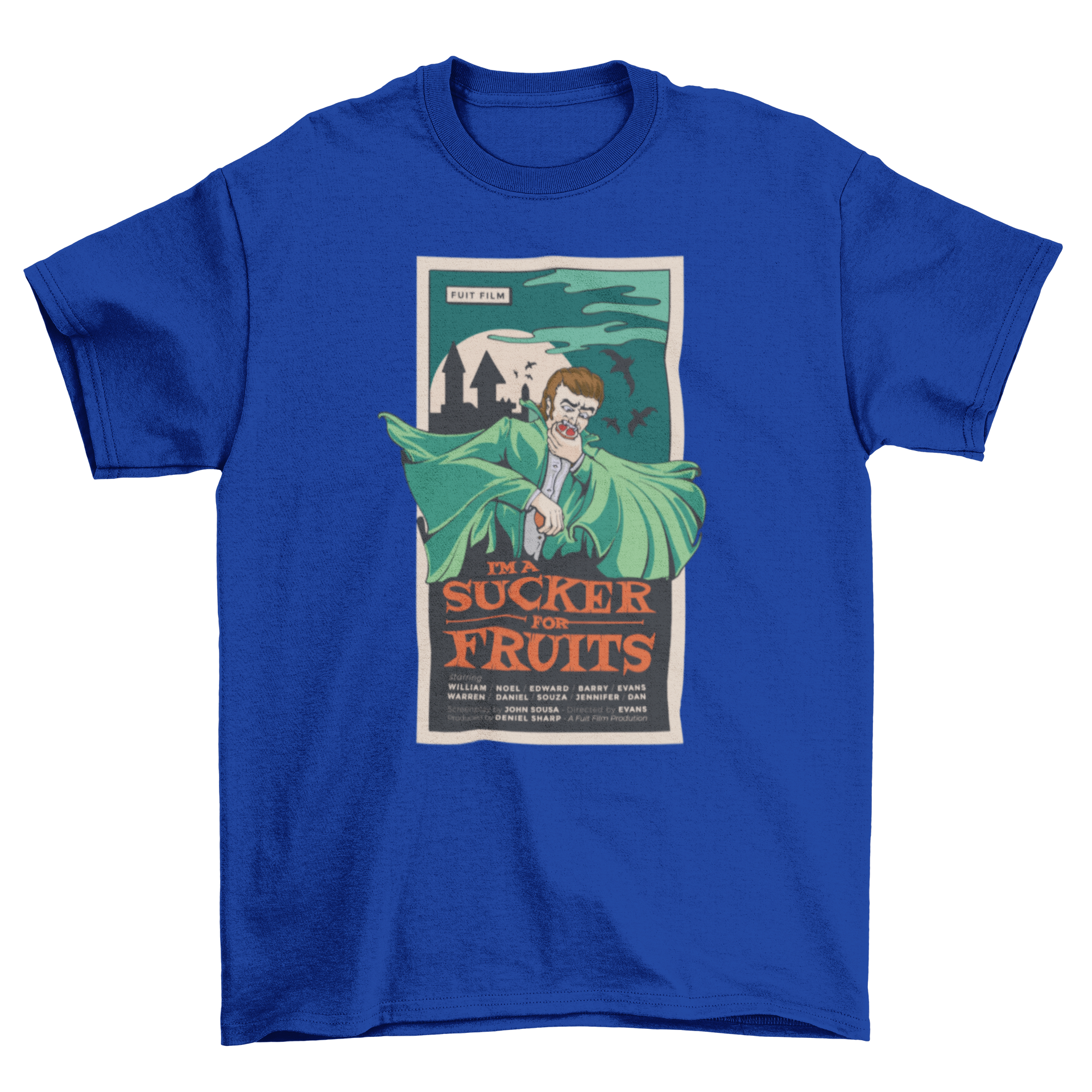 A playful t-shirt design featuring a vampire eating a grapefruit with the quote 'I'm a sucker for fruits'.