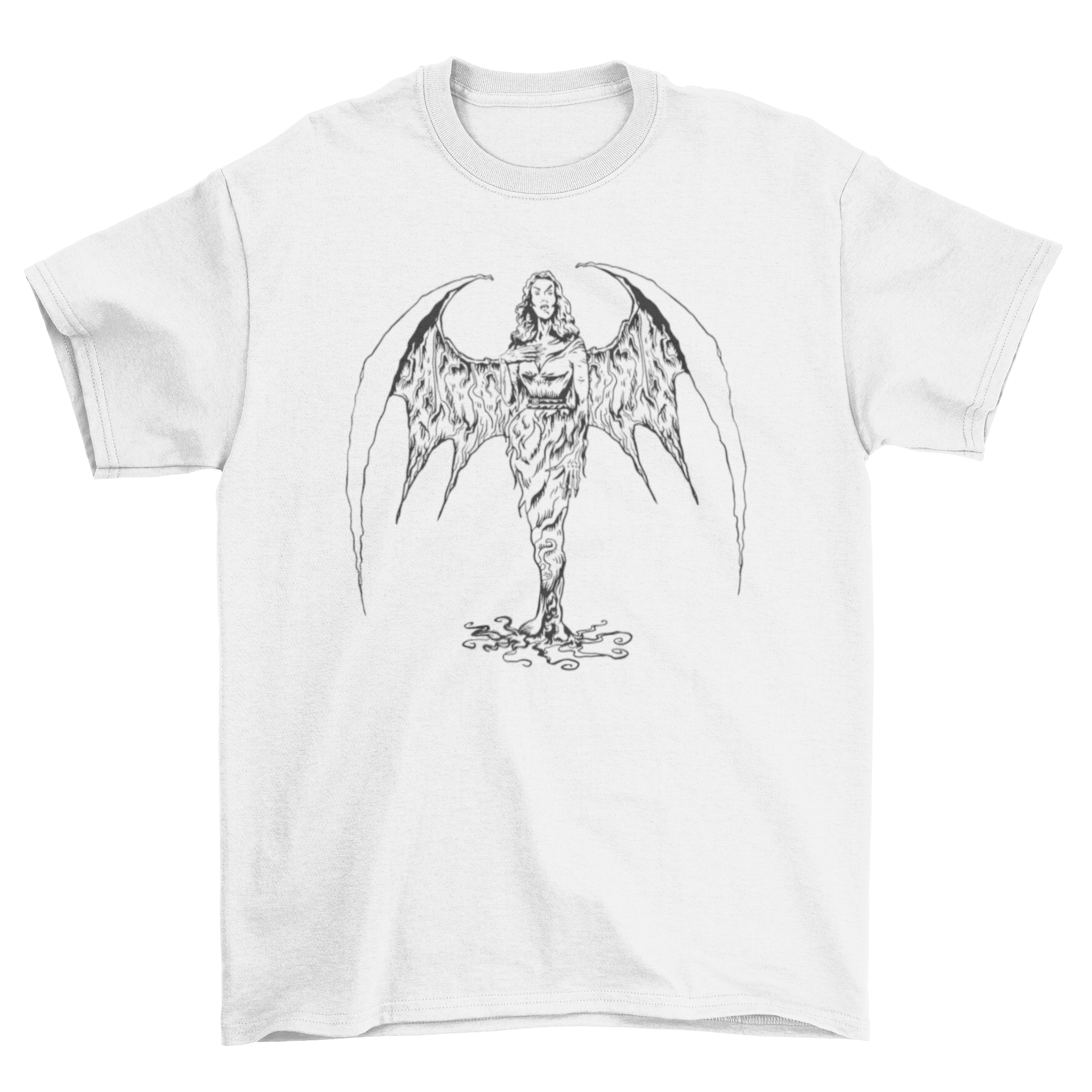 A stylish t-shirt featuring a vampire woman with large wings, perfect for Halloween.