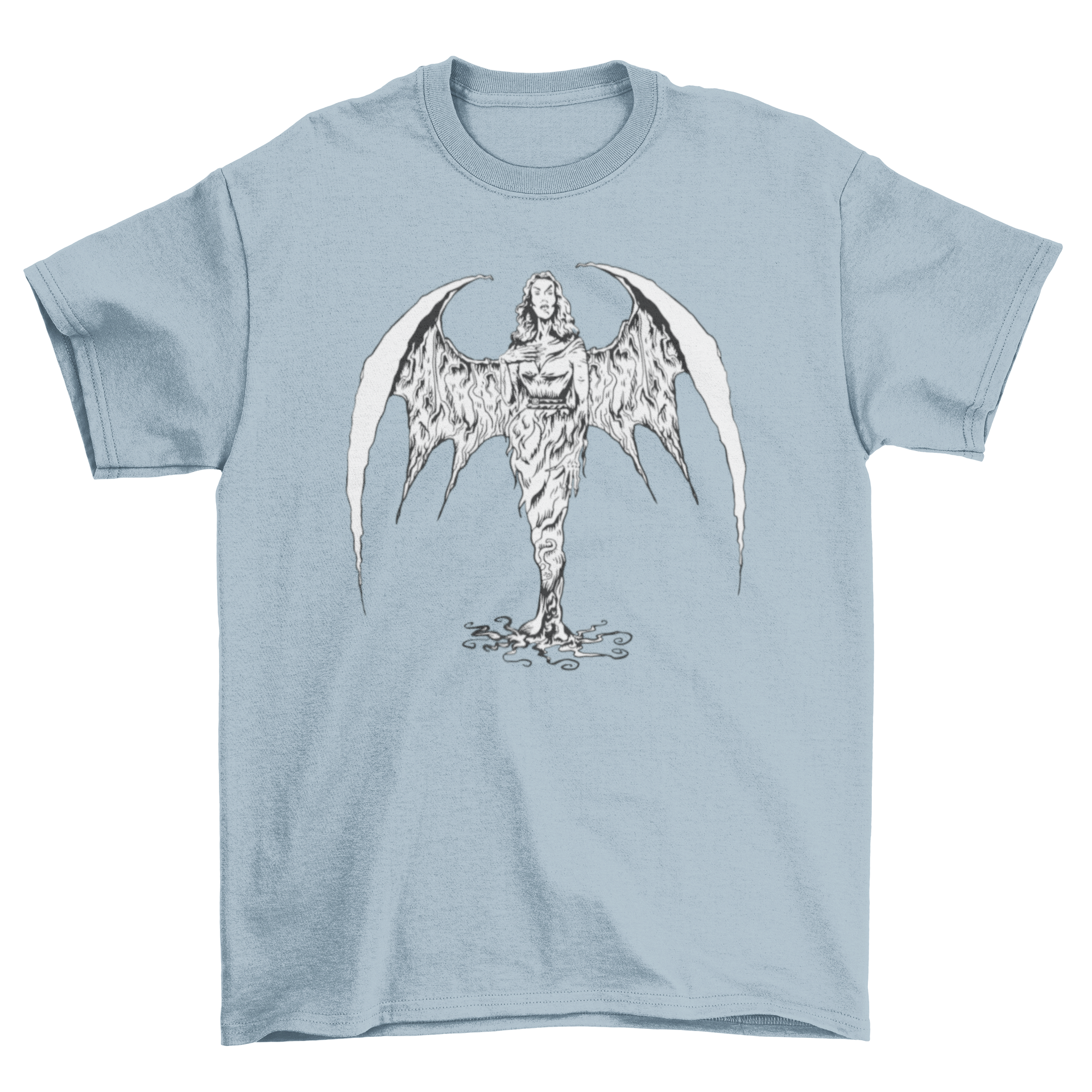 A stylish t-shirt featuring a vampire woman with large wings, perfect for Halloween.