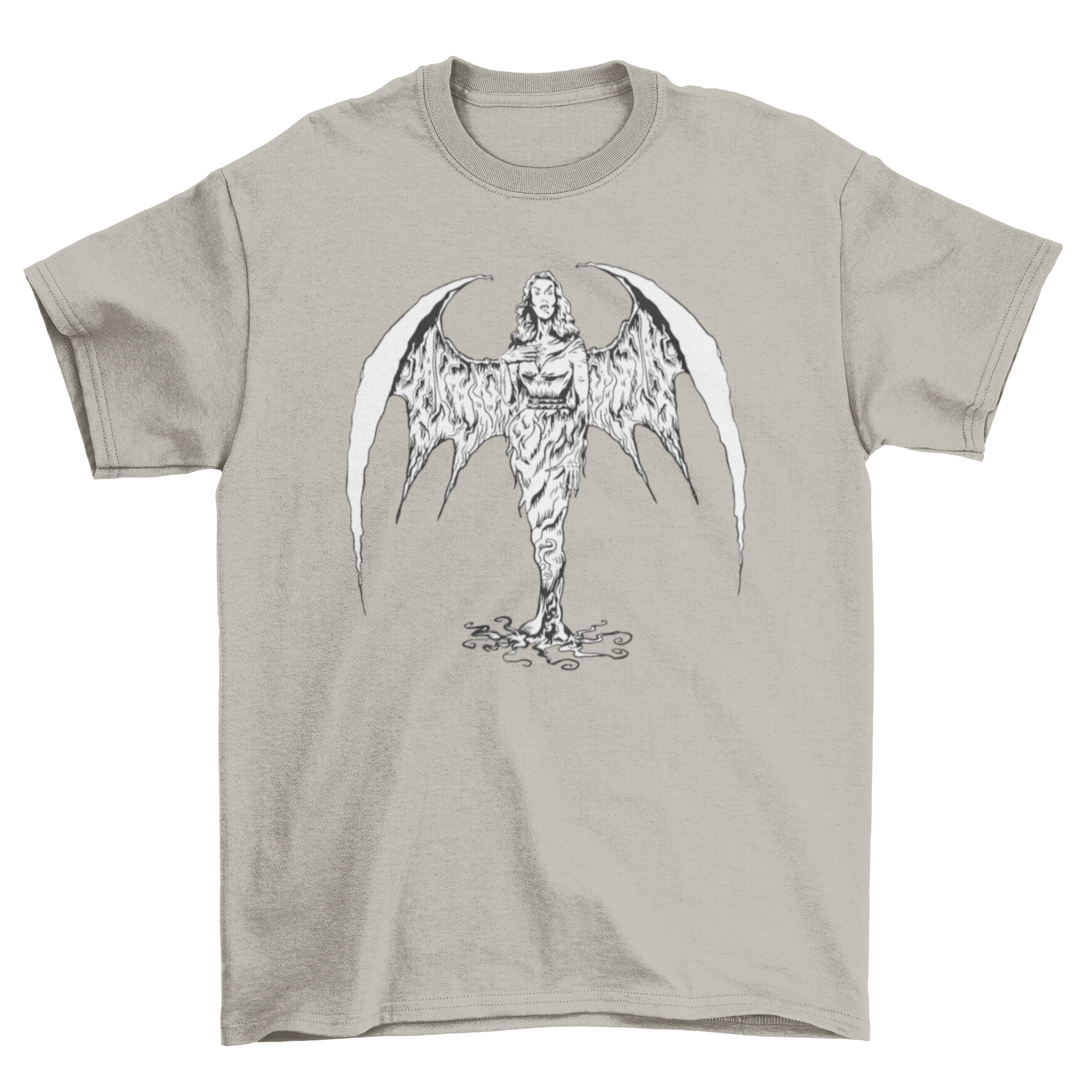 A stylish t-shirt featuring a vampire woman with large wings, perfect for Halloween.