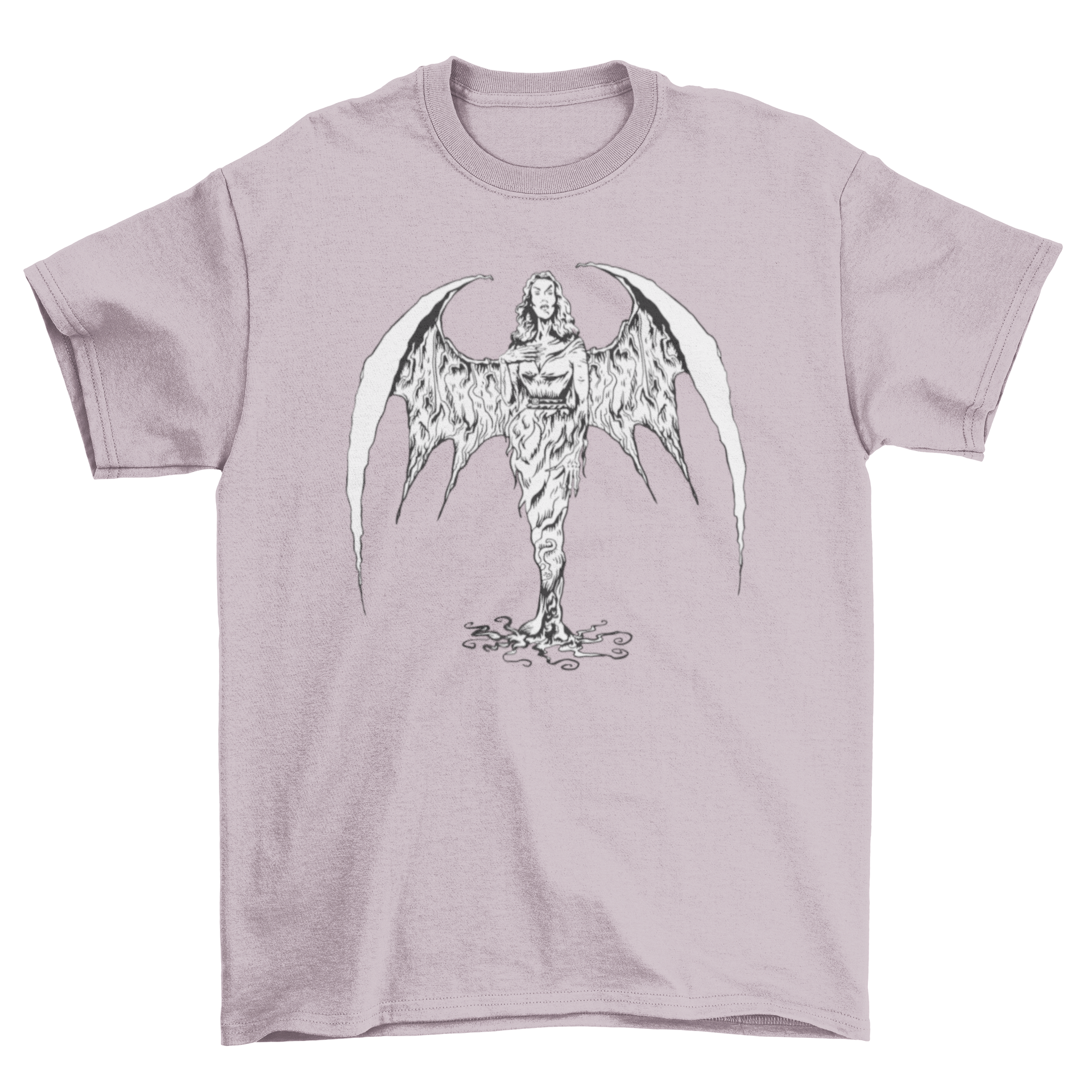 A stylish t-shirt featuring a vampire woman with large wings, perfect for Halloween.