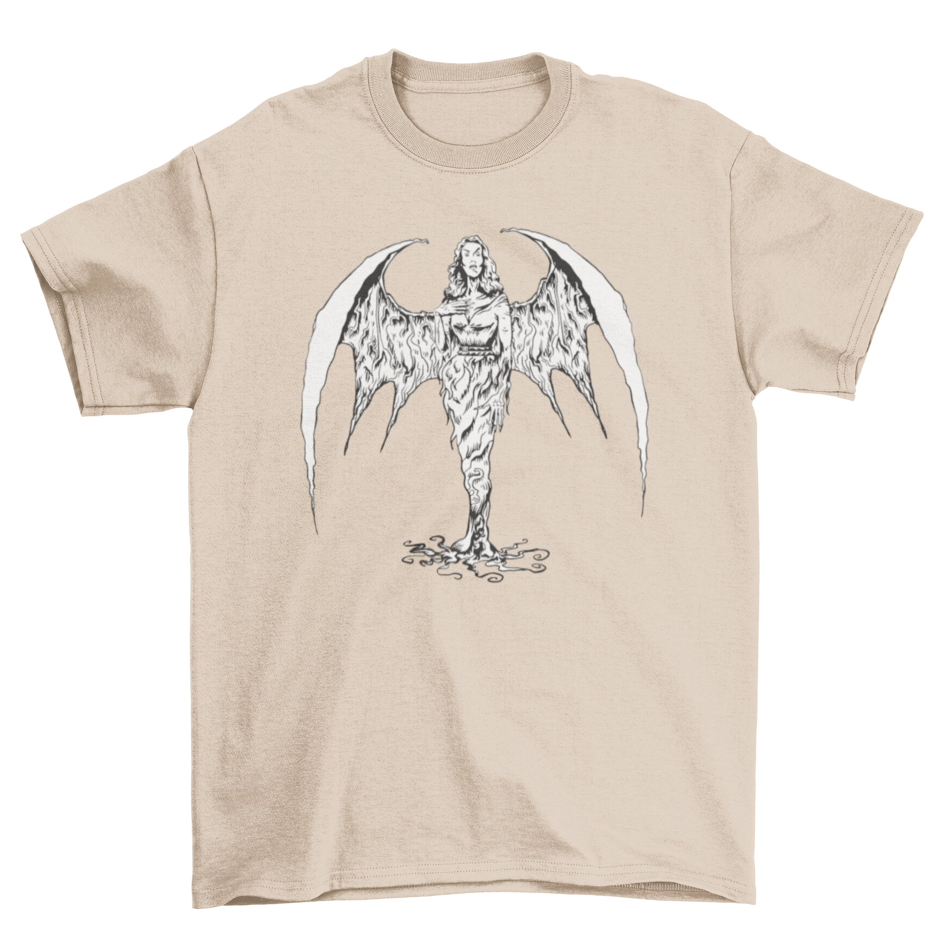 A stylish t-shirt featuring a vampire woman with large wings, perfect for Halloween.