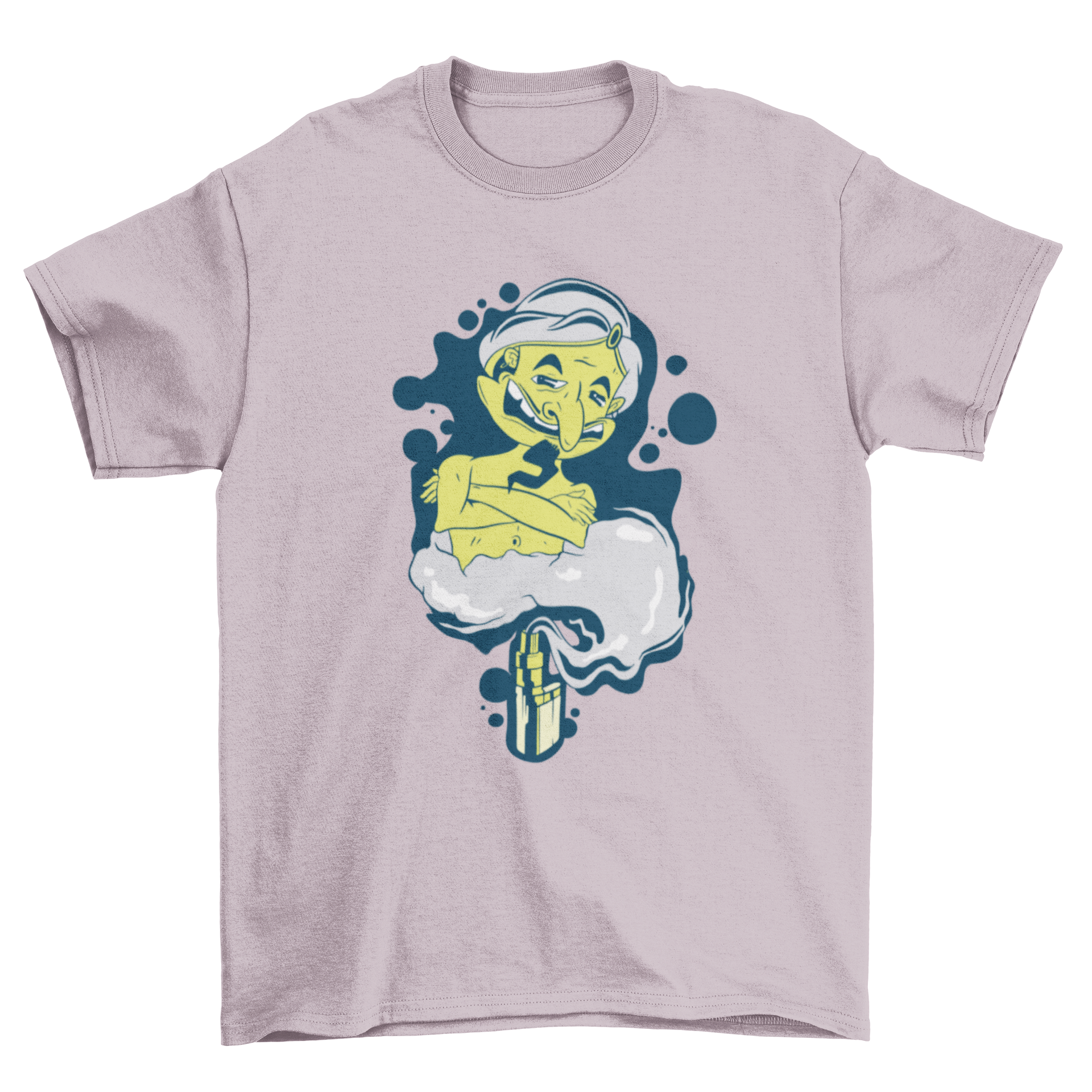 Vape Genie T-shirt featuring a humorous cartoon genie coming out of a vaping device, designed for vaping enthusiasts.