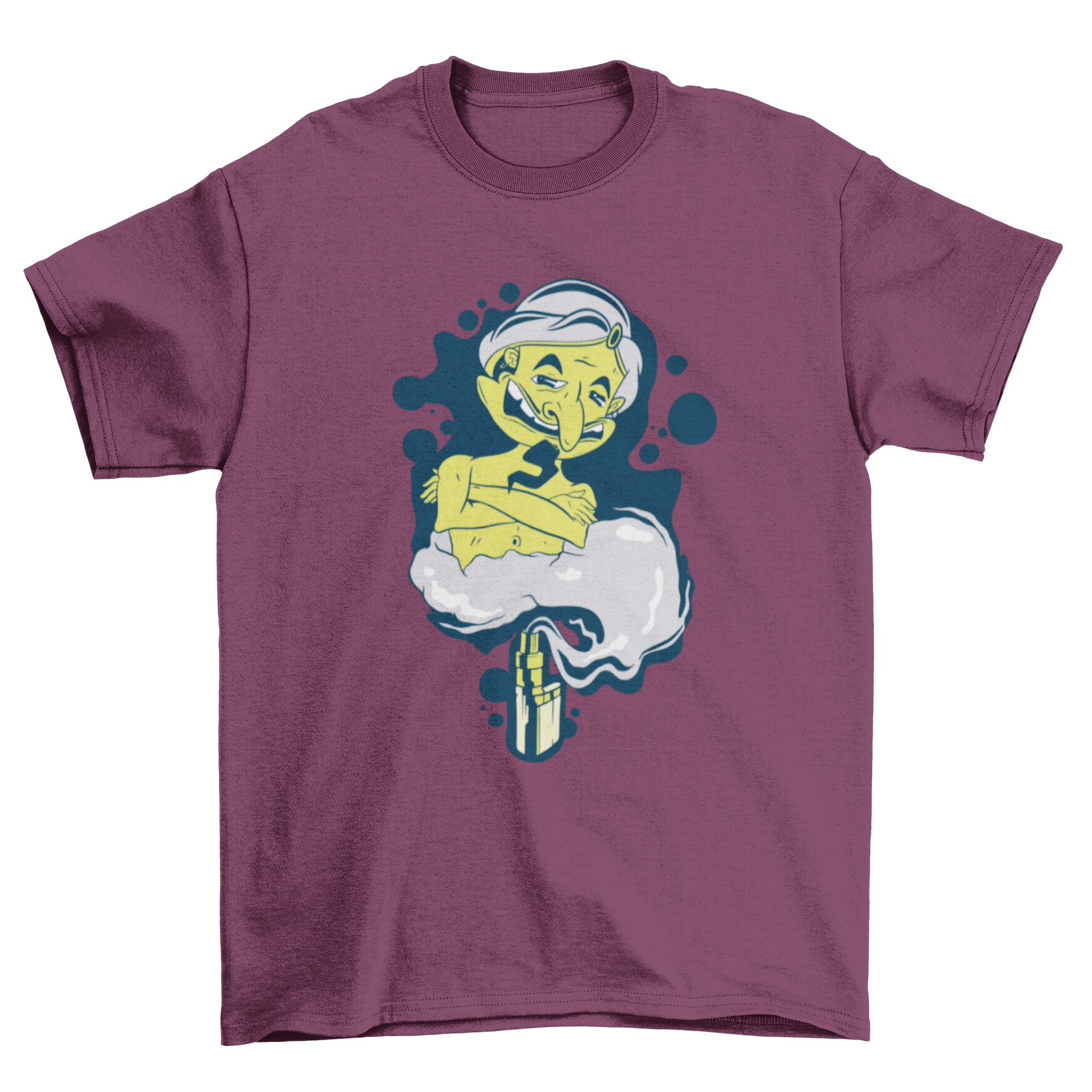 Vape Genie T-shirt featuring a humorous cartoon genie coming out of a vaping device, designed for vaping enthusiasts.