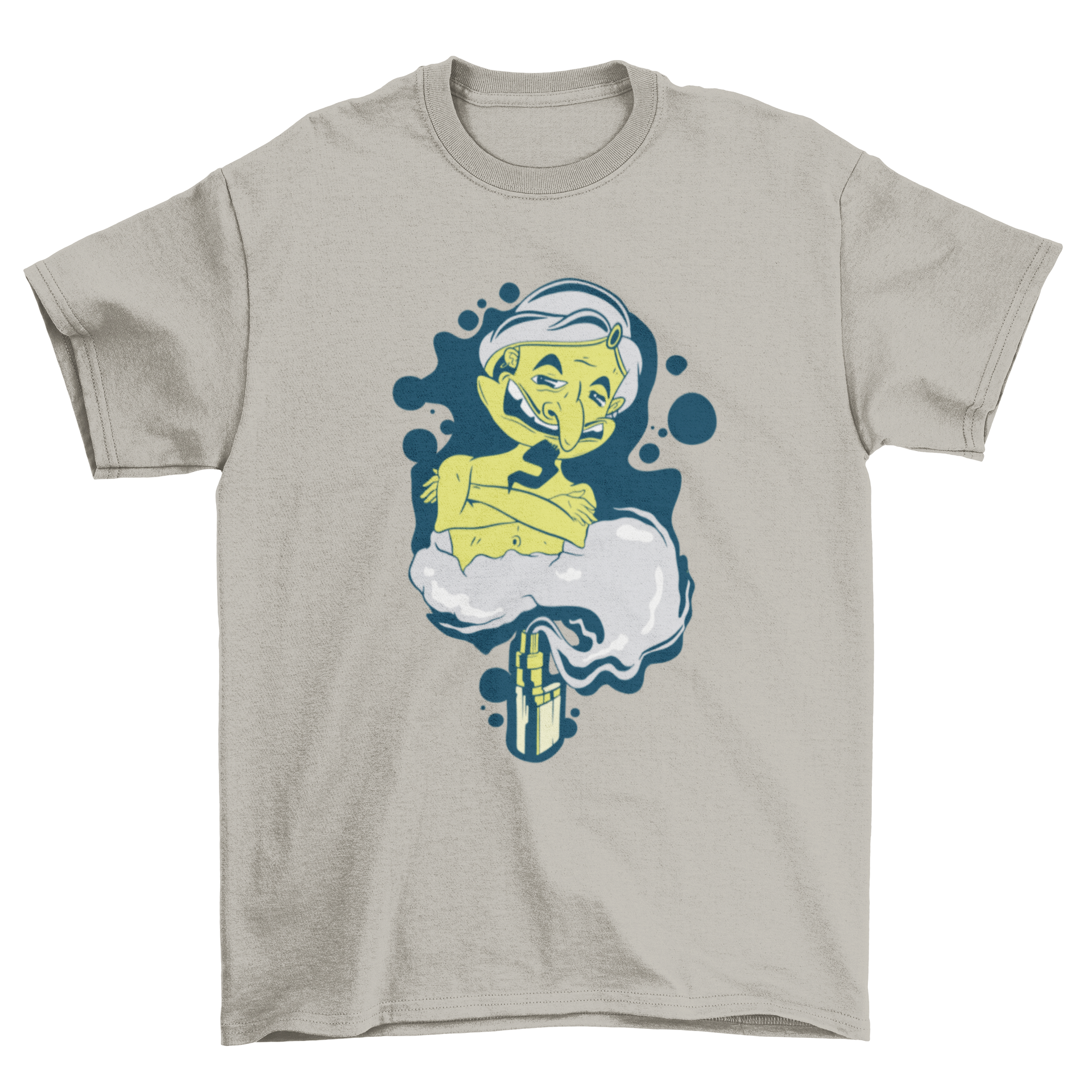 Vape Genie T-shirt featuring a humorous cartoon genie coming out of a vaping device, designed for vaping enthusiasts.