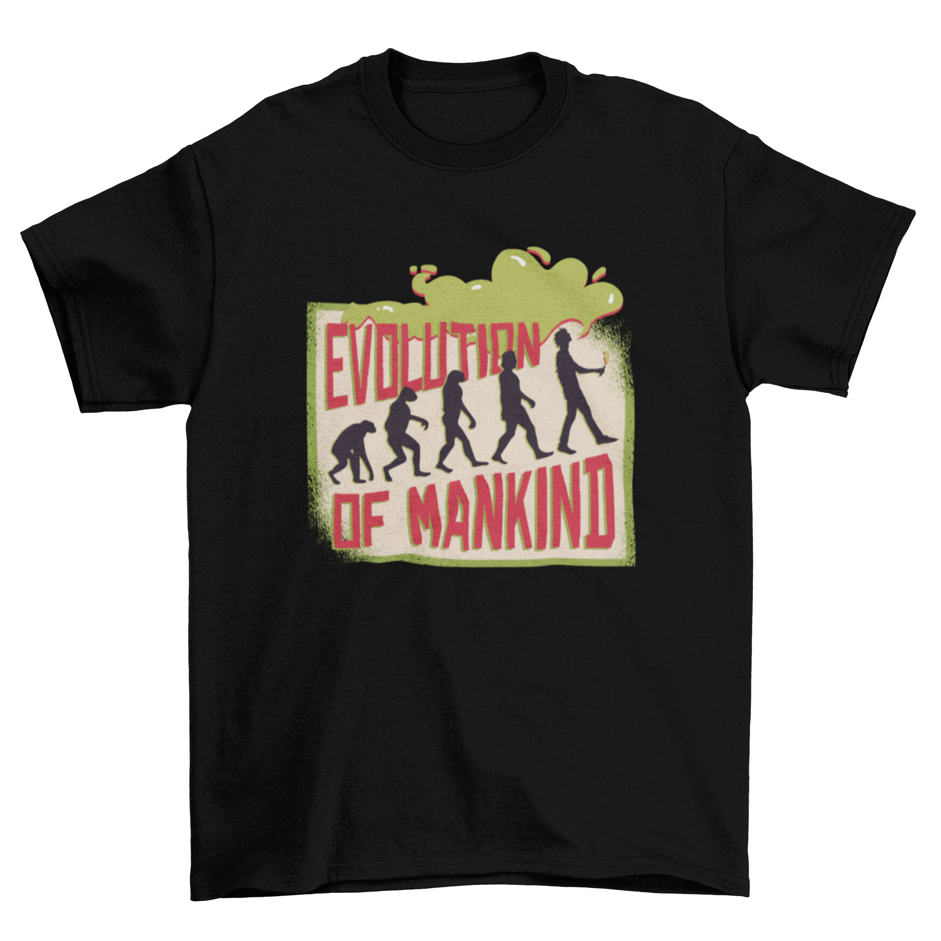 Vaping Evolution T-shirt Design featuring human evolution silhouettes with a person vaping at the end.