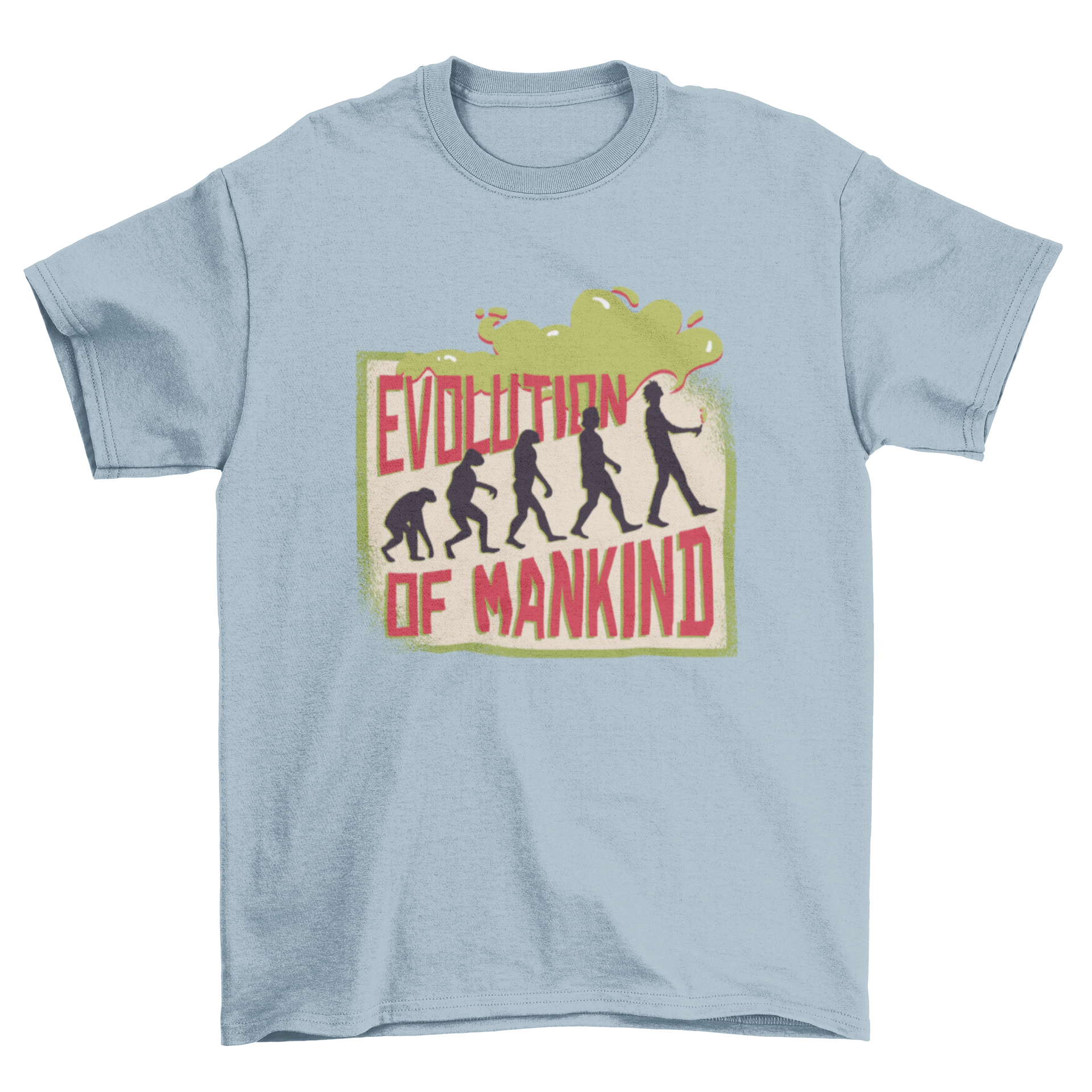 Vaping Evolution T-shirt Design featuring human evolution silhouettes with a person vaping at the end.