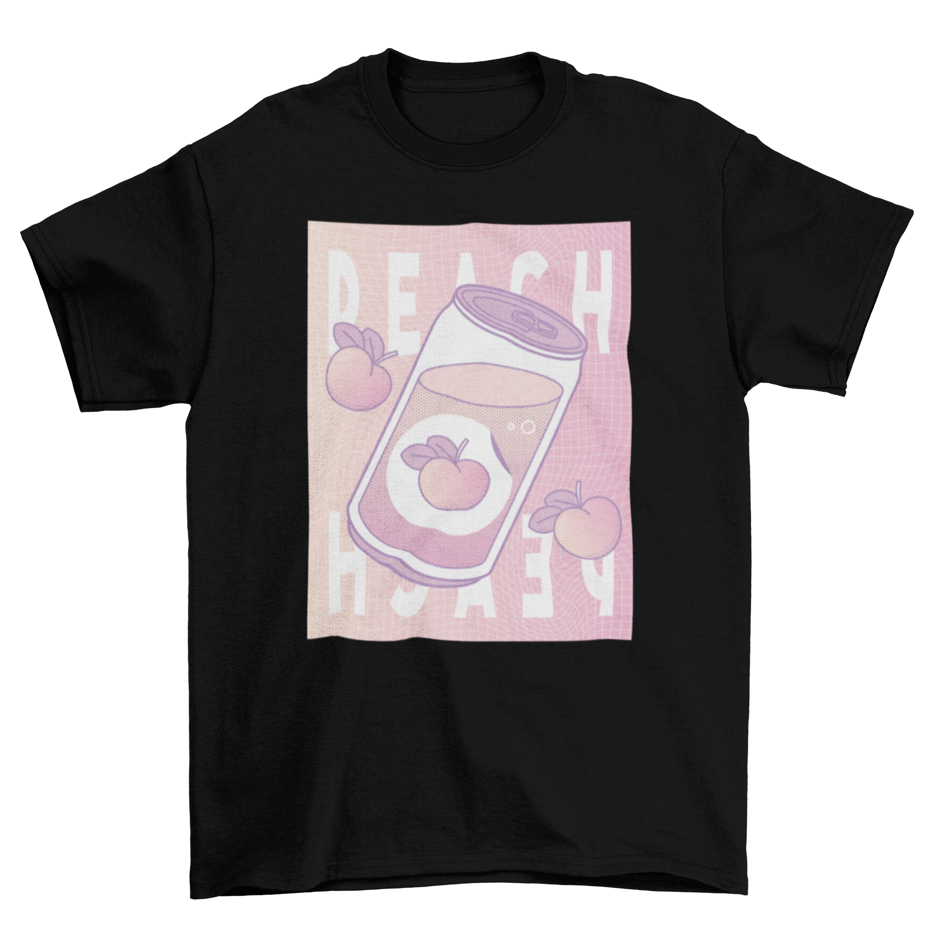 Vaporwave style t-shirt featuring a peach soda can design with 'Peach peach' caption, showcasing vibrant colors.