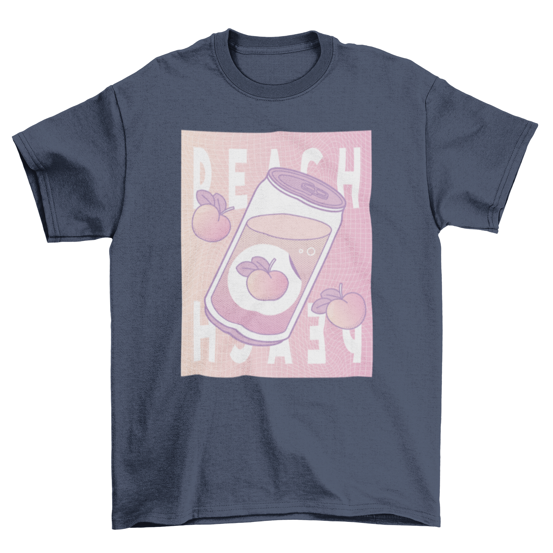 Vaporwave style t-shirt featuring a peach soda can design with 'Peach peach' caption, showcasing vibrant colors.