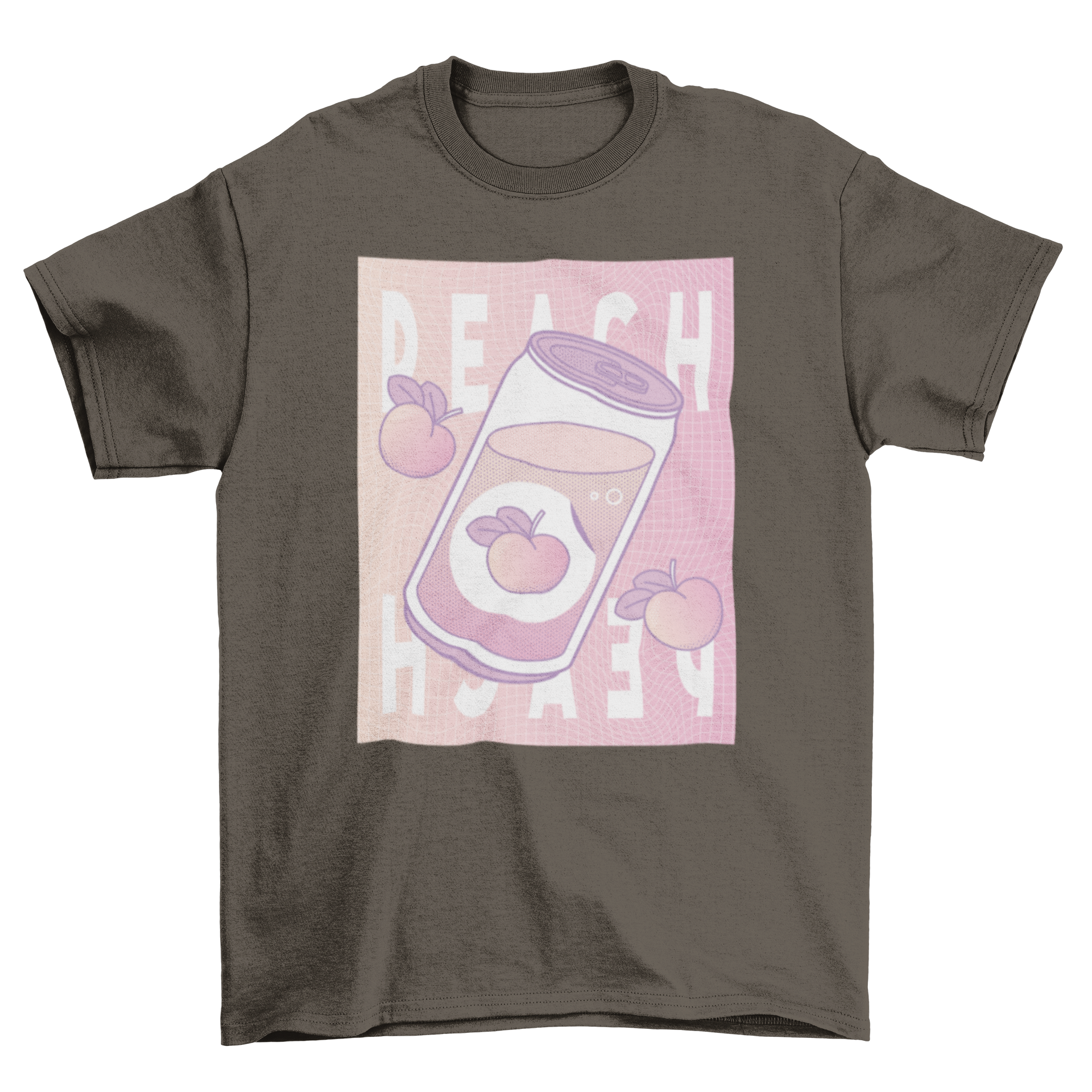 Vaporwave style t-shirt featuring a peach soda can design with 'Peach peach' caption, showcasing vibrant colors.