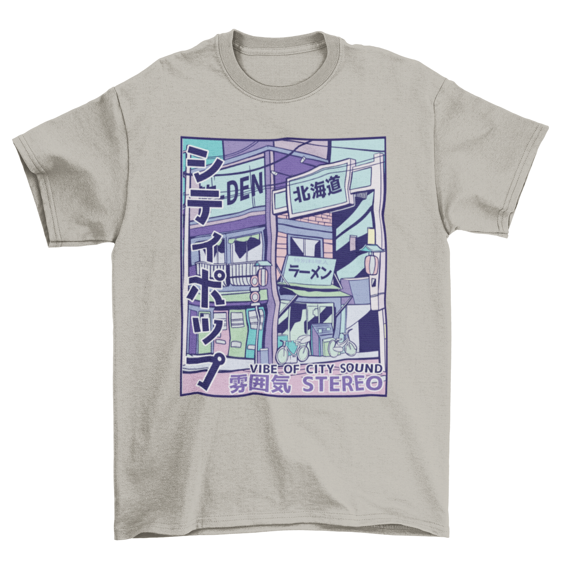 Vaporwave City T-Shirt featuring a colorful building illustration with Japanese characters.