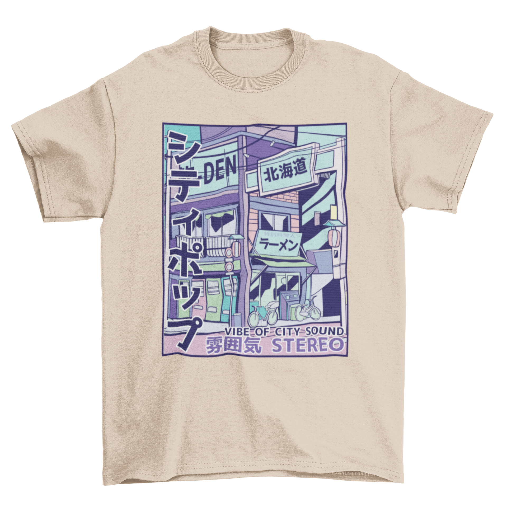 Vaporwave City T-Shirt featuring a colorful building illustration with Japanese characters.