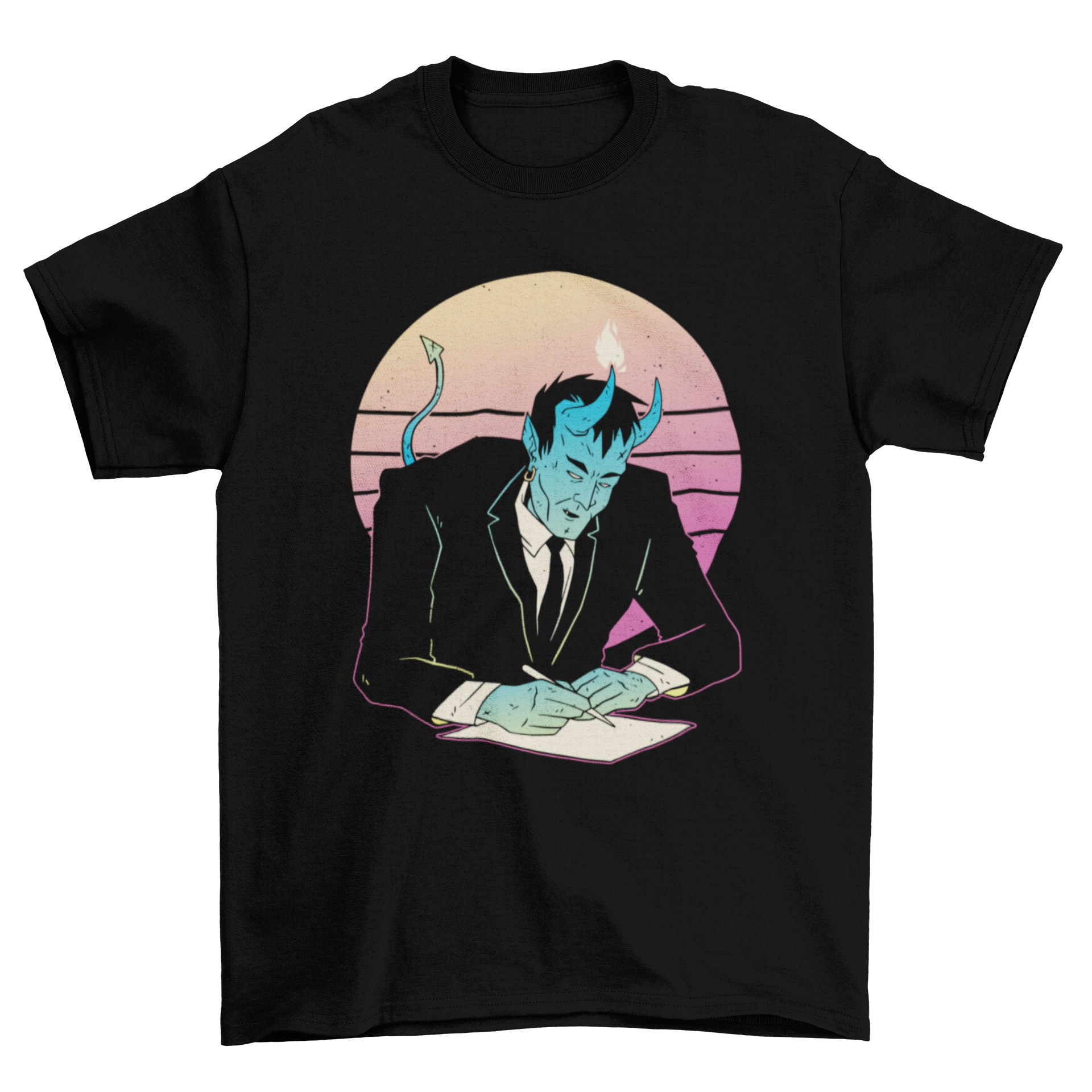 Vaporwave demon t-shirt featuring a colorful design of a demon signing a contract in retro style.