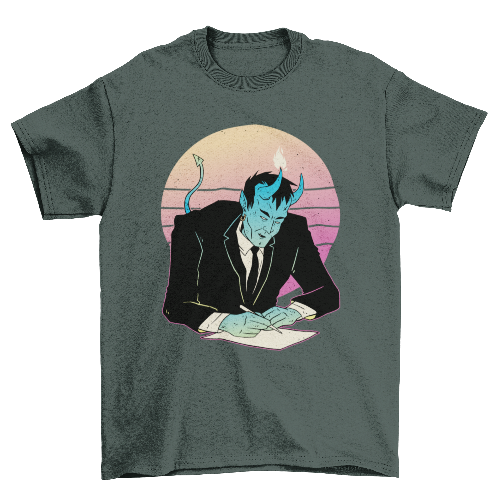 Vaporwave demon t-shirt featuring a colorful design of a demon signing a contract in retro style.