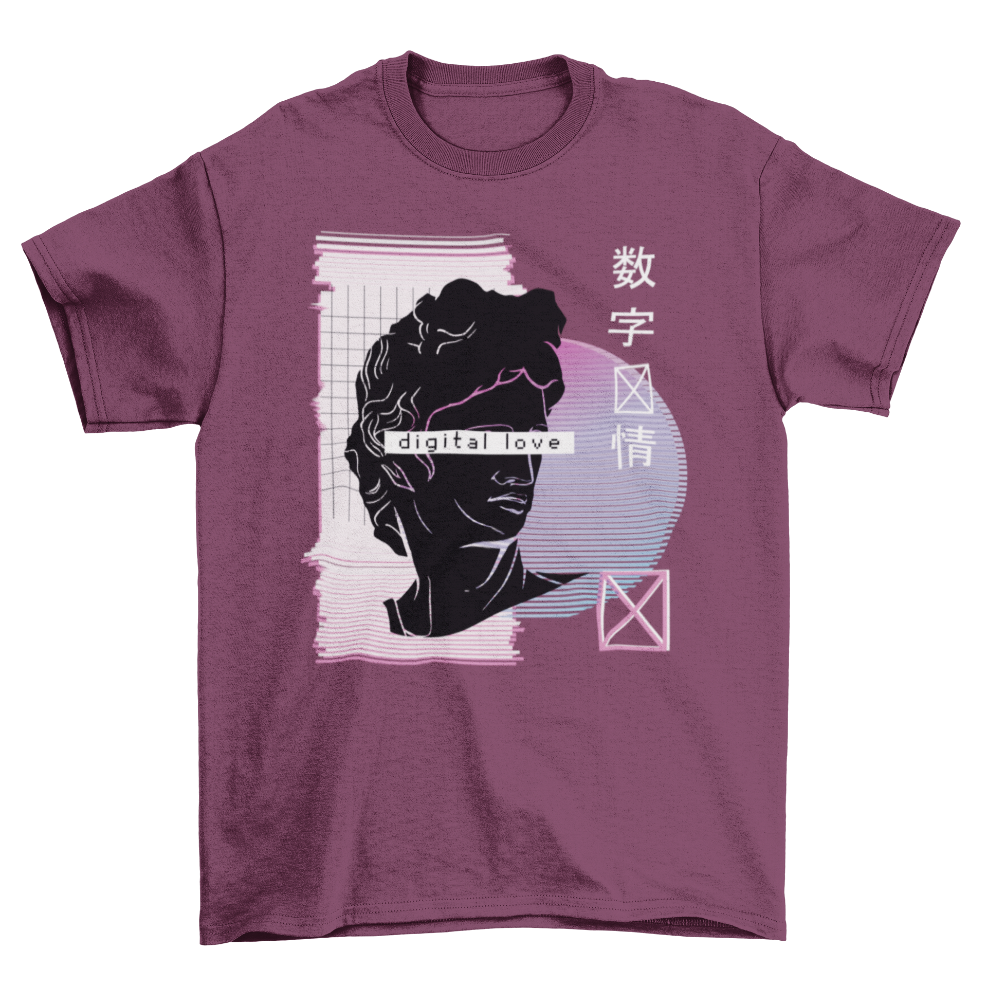 Vaporwave Digital Love T-shirt featuring a colorful illustration and the quote 'Digital Love' in a stylish font.