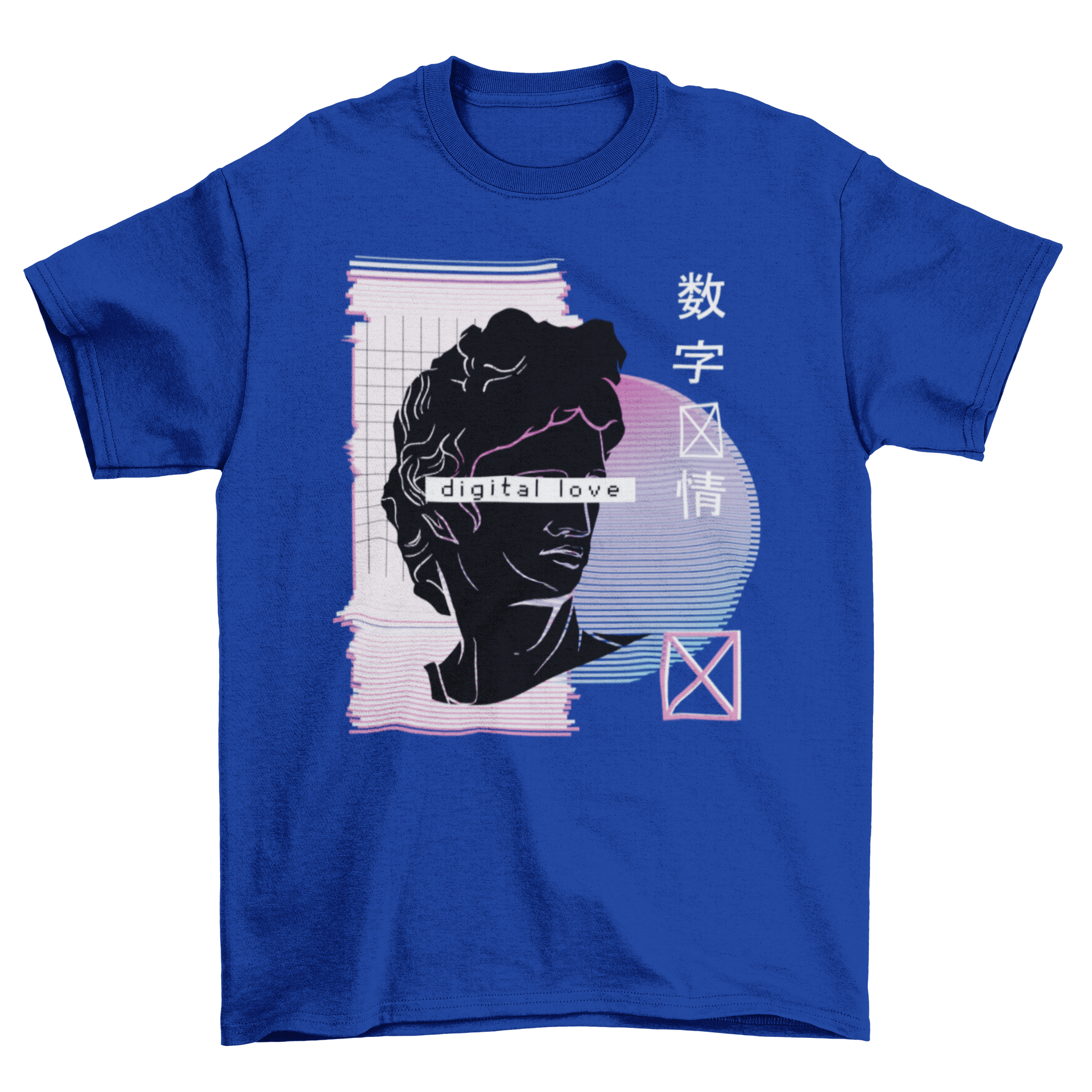 Vaporwave Digital Love T-shirt featuring a colorful illustration and the quote 'Digital Love' in a stylish font.