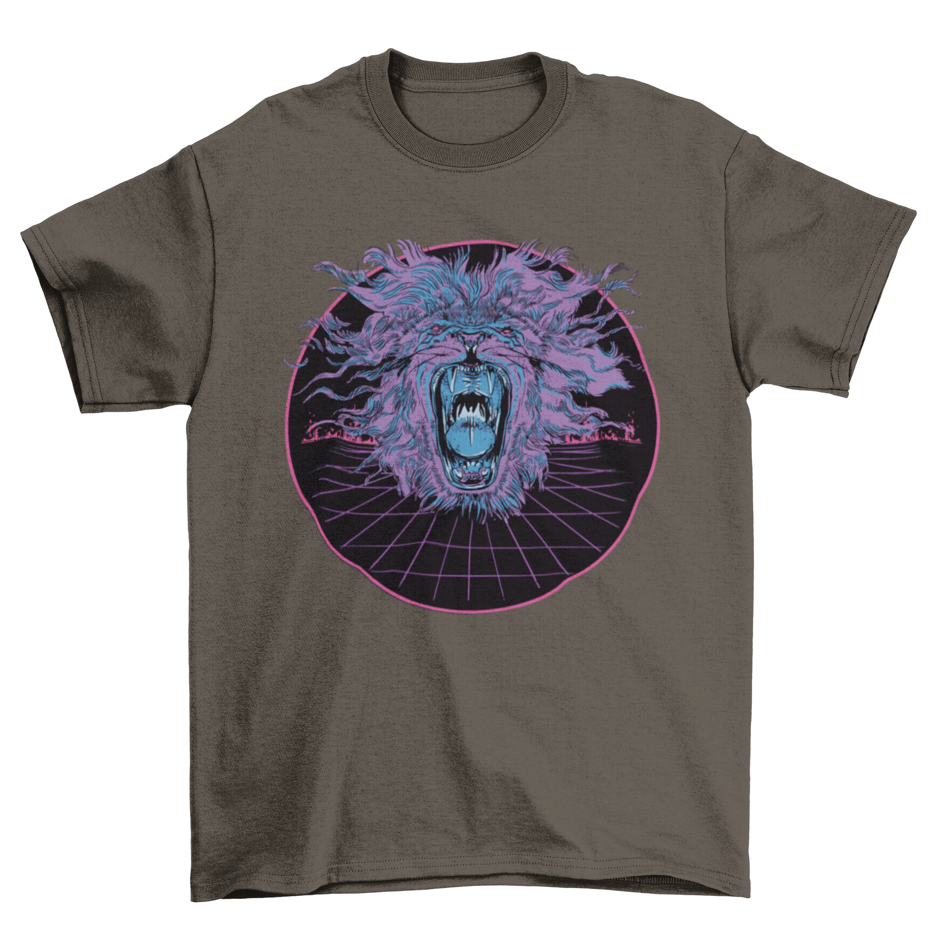 A vibrant vaporwave lion t-shirt featuring a roaring lion design with retro colors and aesthetics.