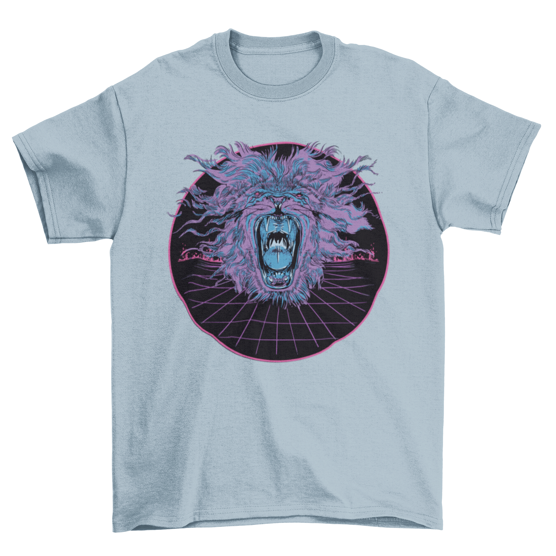 A vibrant vaporwave lion t-shirt featuring a roaring lion design with retro colors and aesthetics.