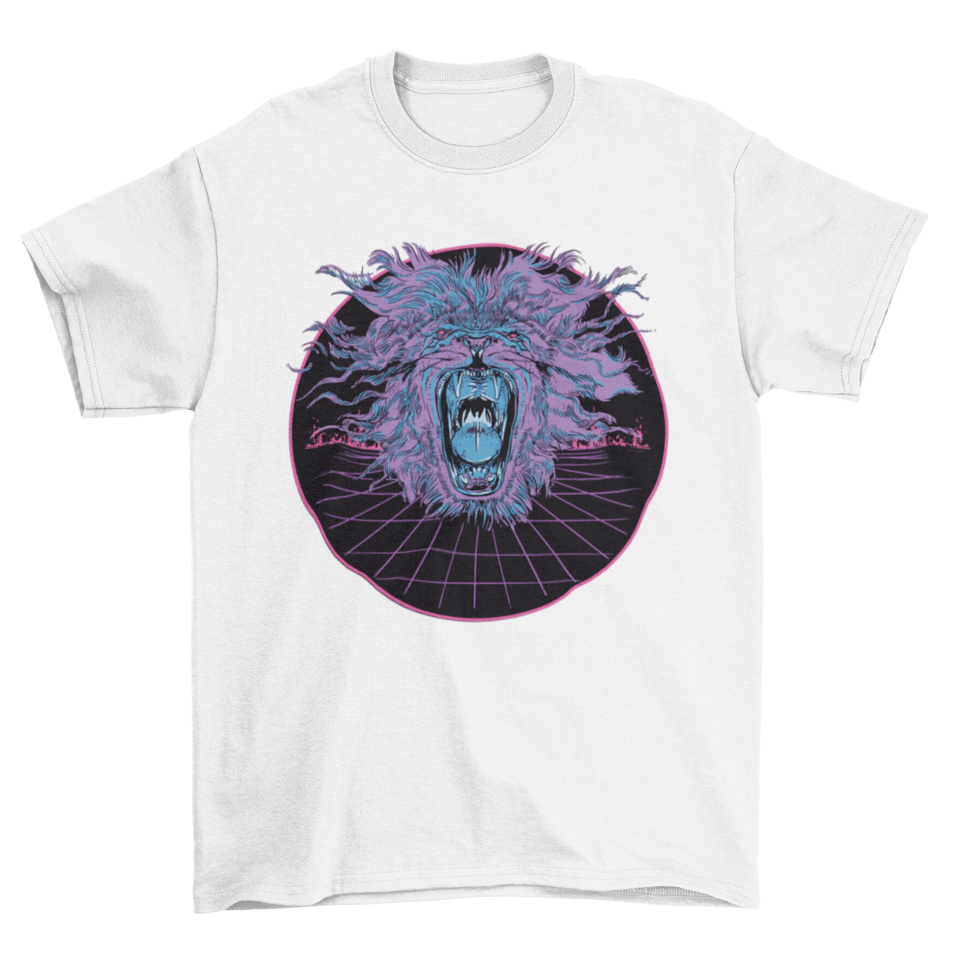 A vibrant vaporwave lion t-shirt featuring a roaring lion design with retro colors and aesthetics.