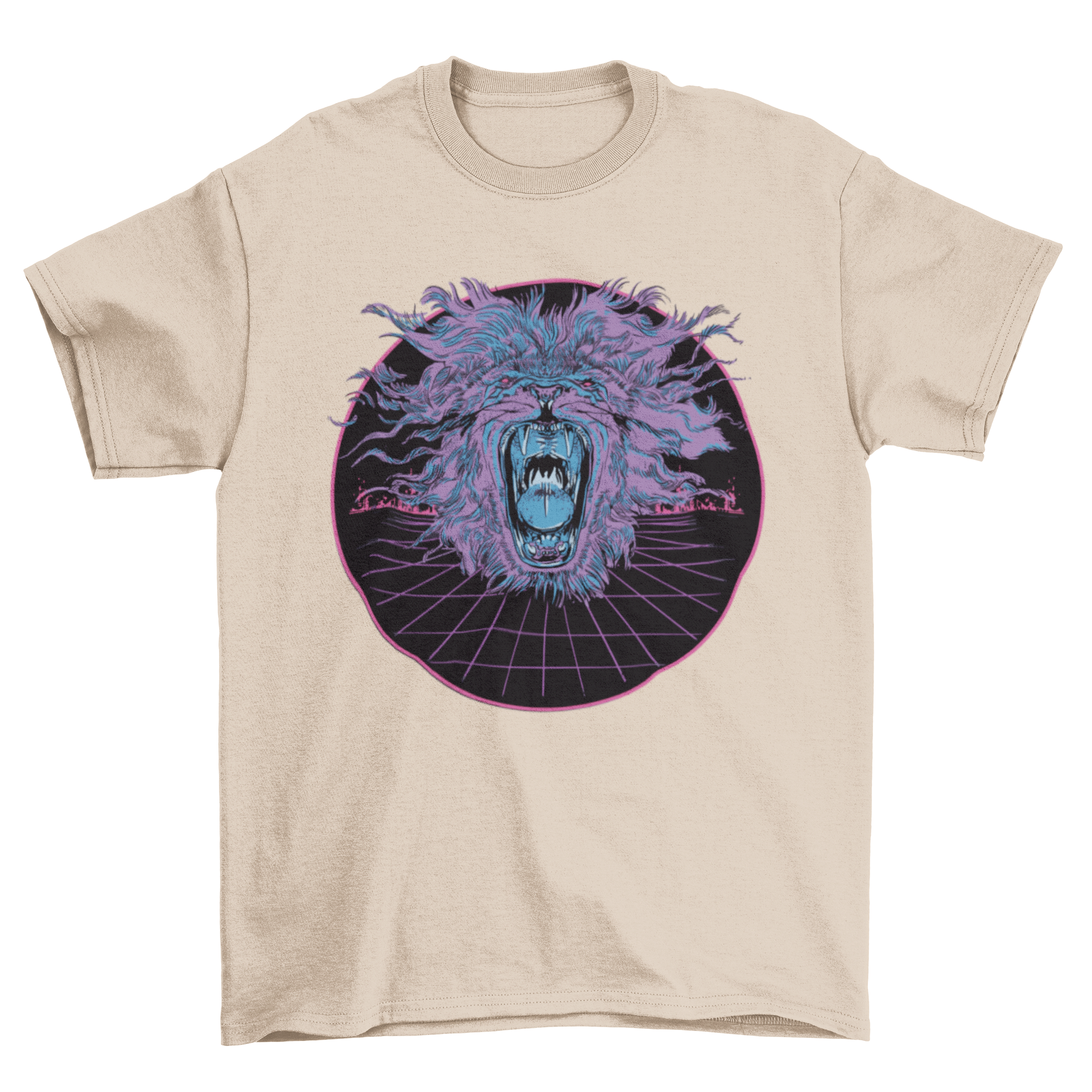 A vibrant vaporwave lion t-shirt featuring a roaring lion design with retro colors and aesthetics.