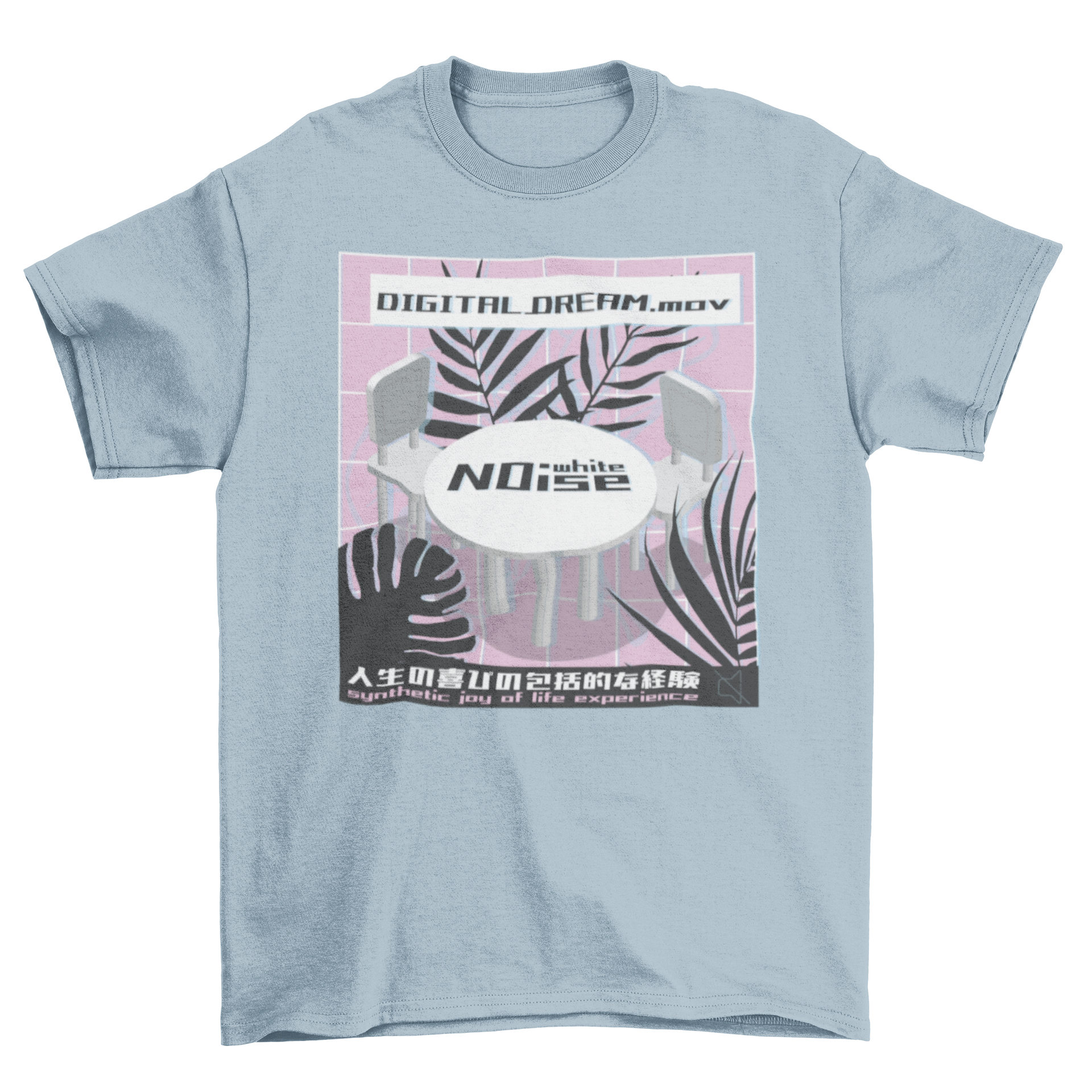 Vaporwave noise t-shirt featuring a vibrant design with chairs, a table, and tropical leaves.