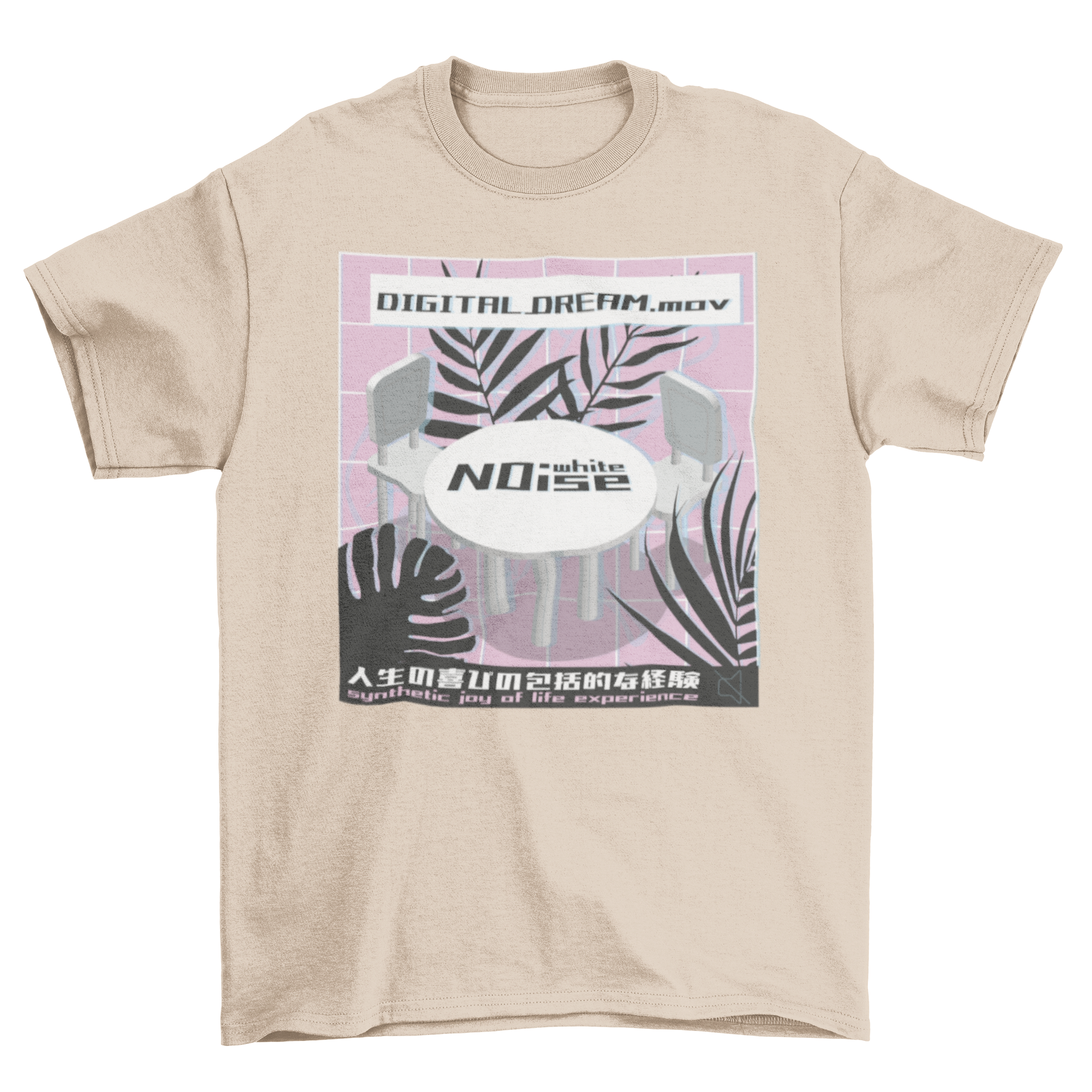 Vaporwave noise t-shirt featuring a vibrant design with chairs, a table, and tropical leaves.