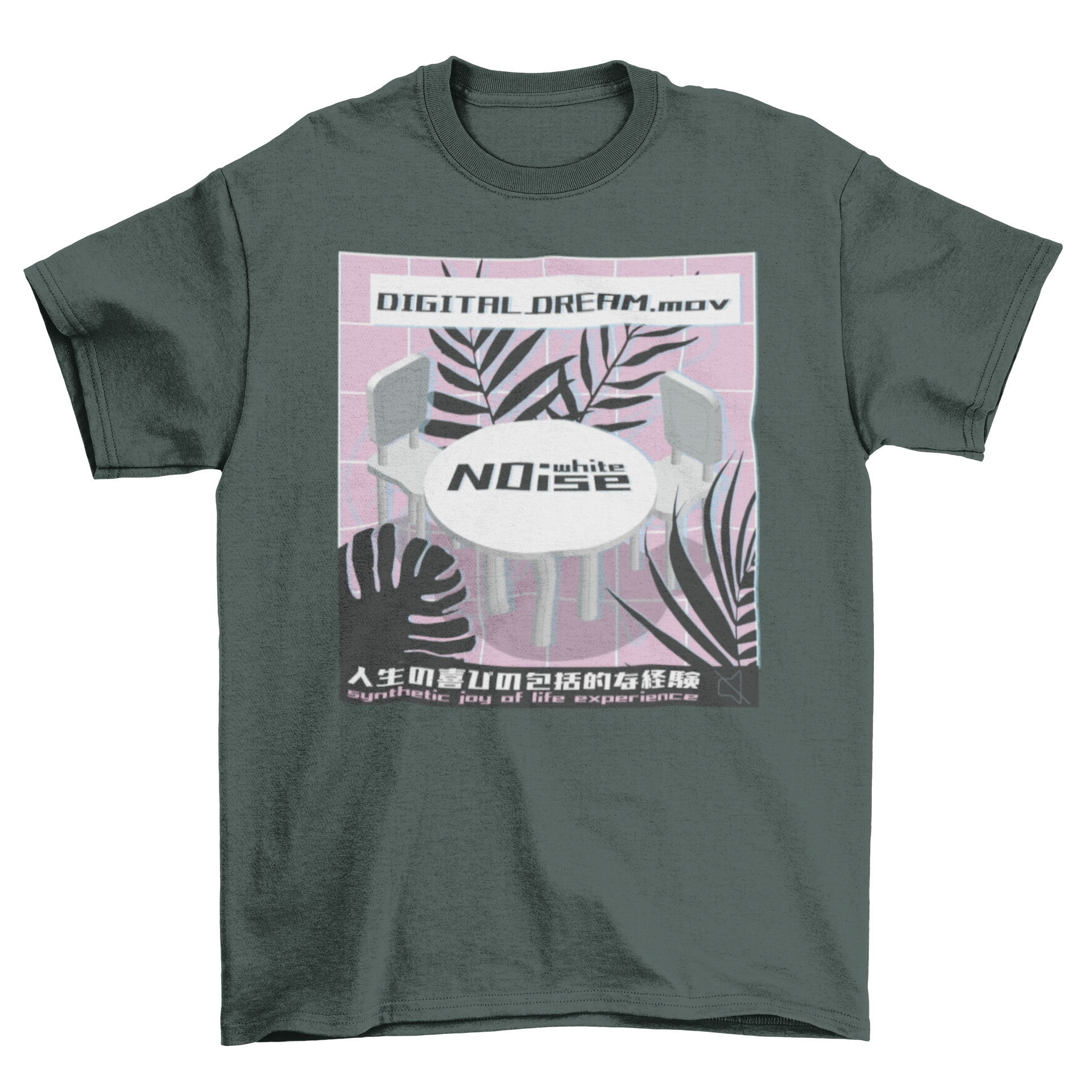 Vaporwave noise t-shirt featuring a vibrant design with chairs, a table, and tropical leaves.