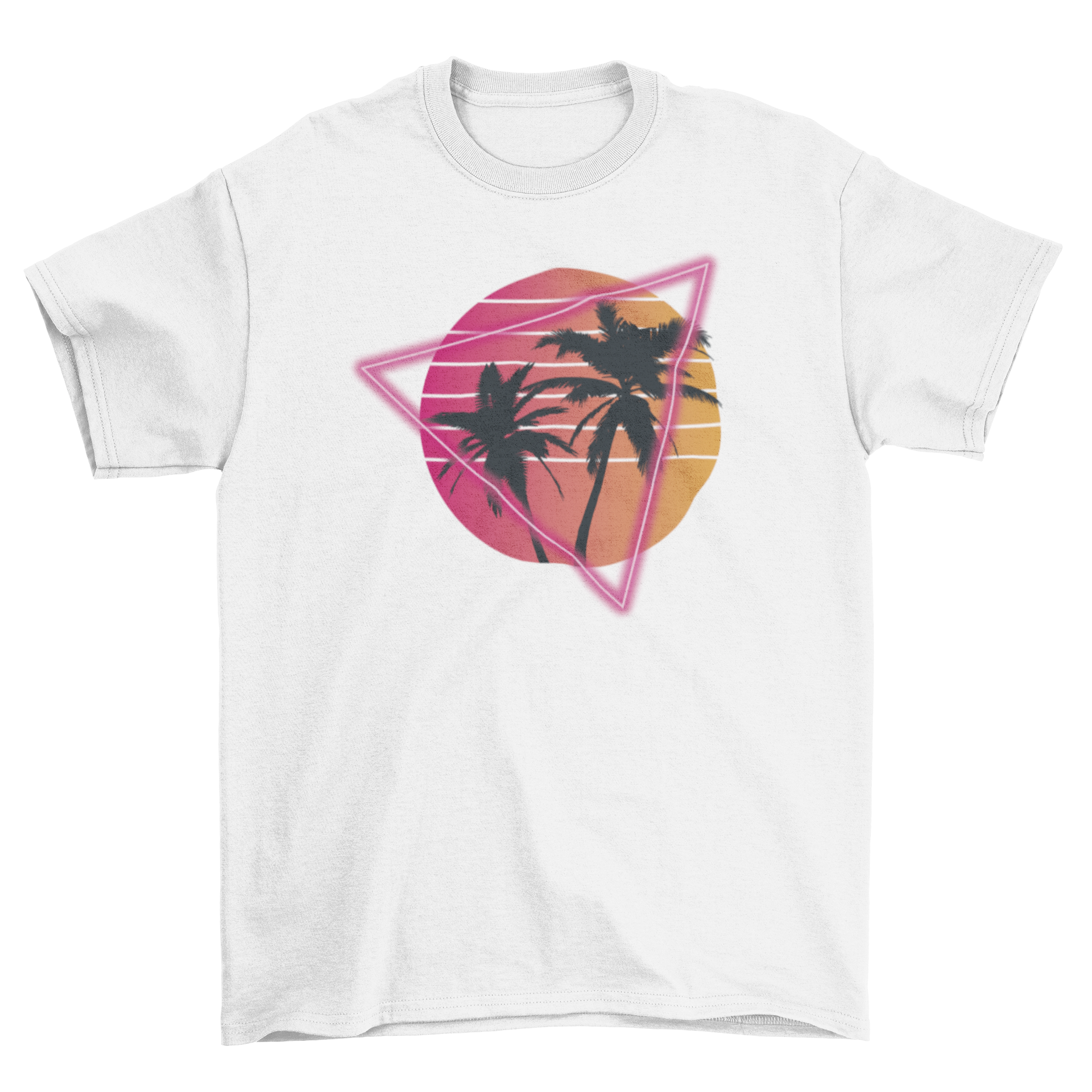 Vaporwave t-shirt featuring palm trees and sunset with neon triangle design.