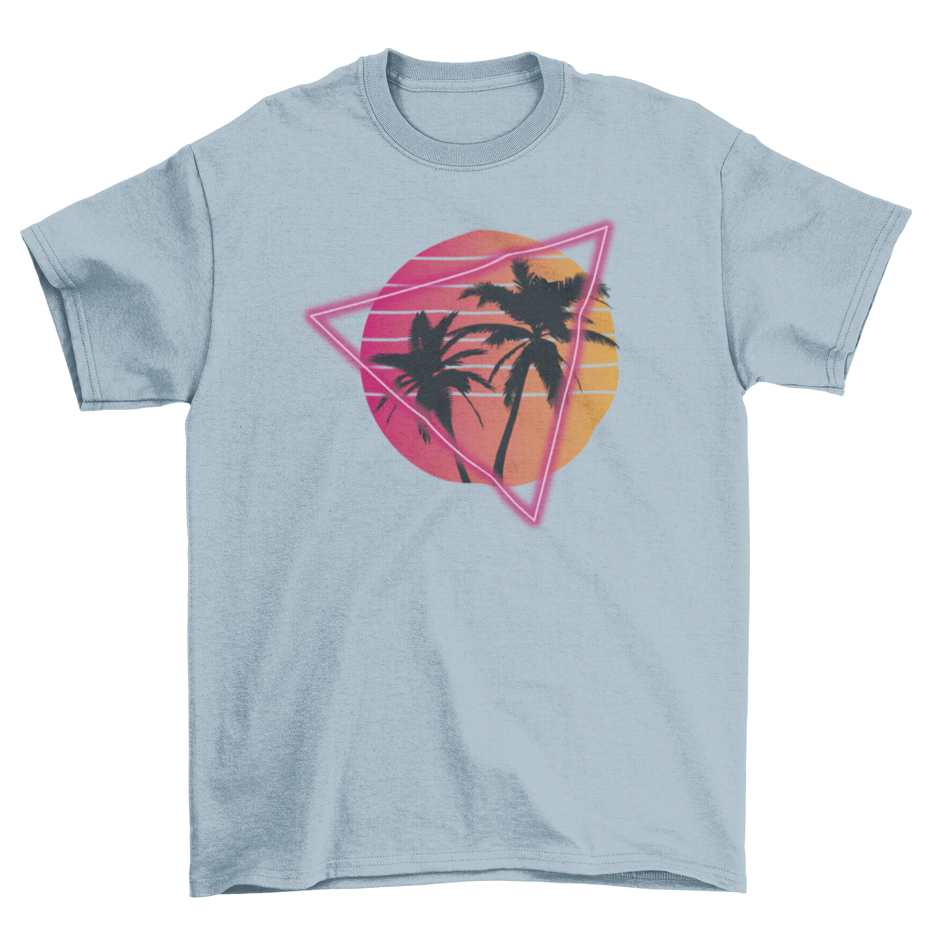 Vaporwave t-shirt featuring palm trees and sunset with neon triangle design.