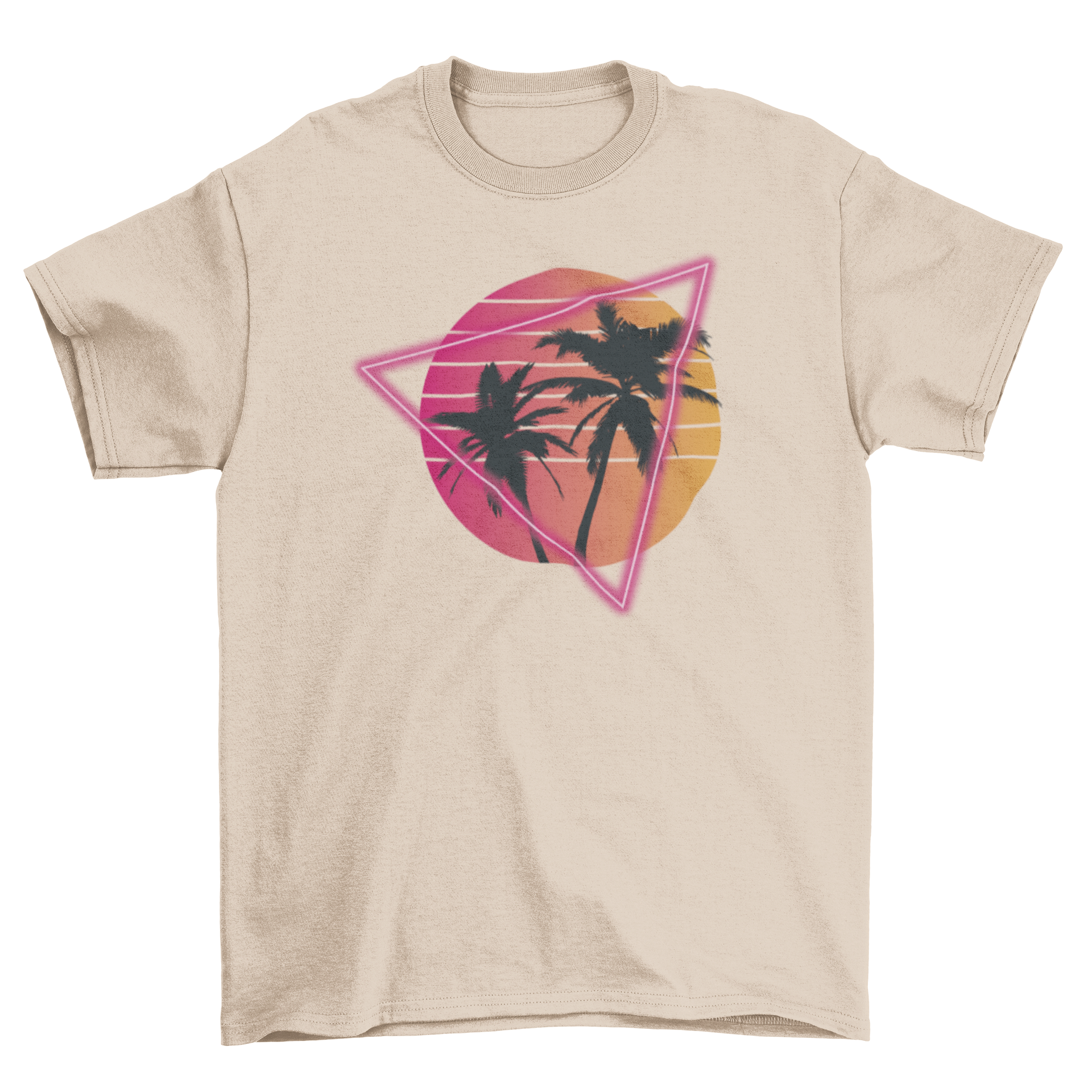 Vaporwave t-shirt featuring palm trees and sunset with neon triangle design.