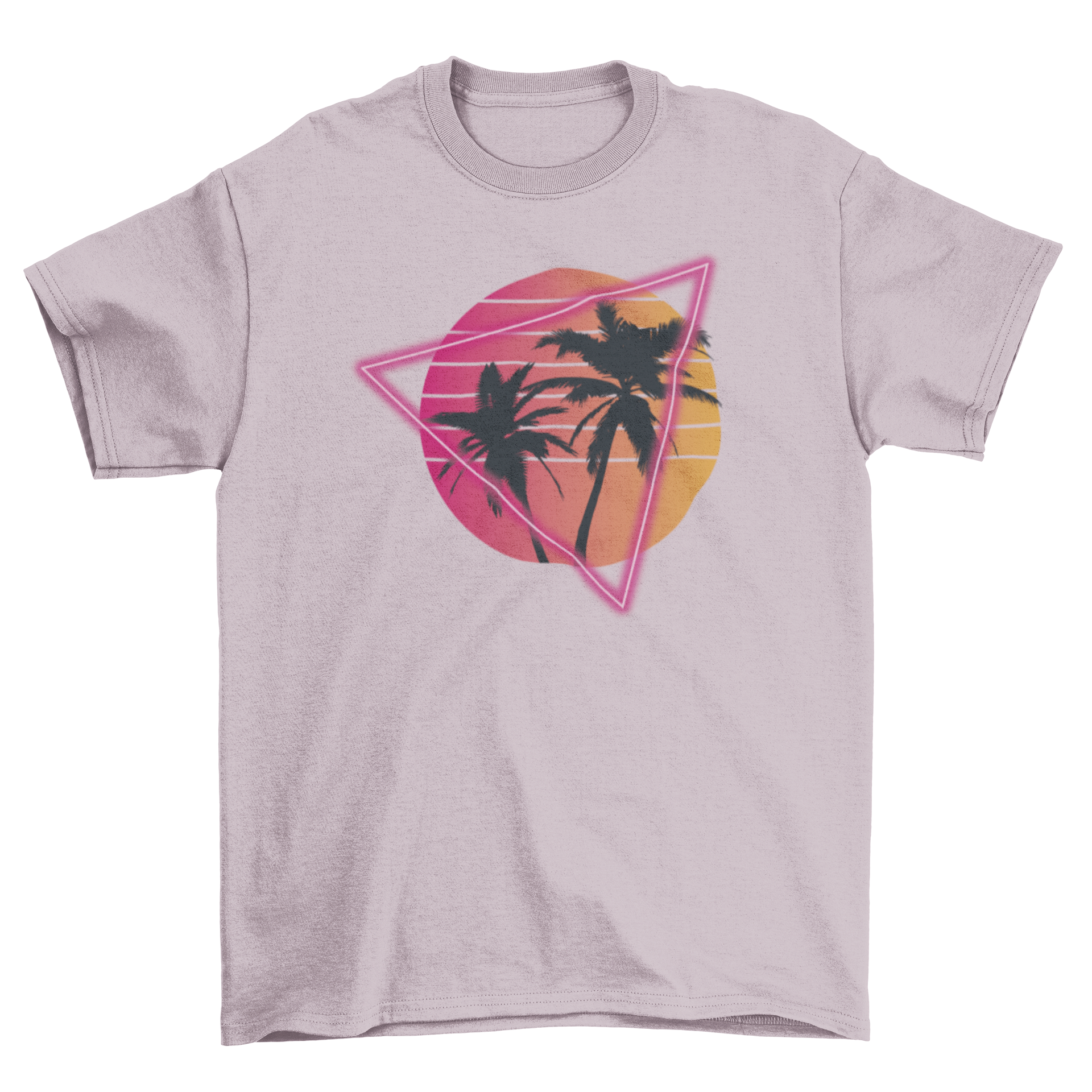 Vaporwave t-shirt featuring palm trees and sunset with neon triangle design.